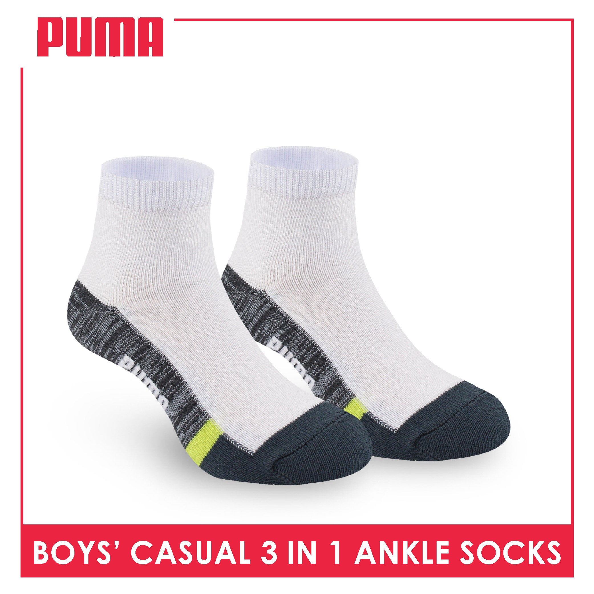 Puma Boys’ Cotton Thin Casual Ankle Socks 3 pairs in 1 pack PBCKG31