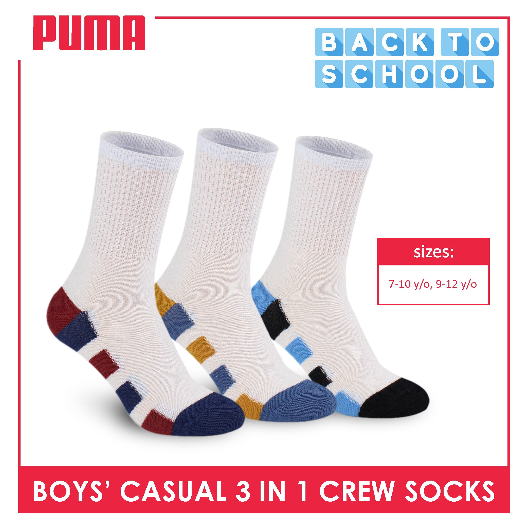 Puma Boys’ Cotton Thin Casual Crew Socks 3 pairs in 1 pack PBCKG32