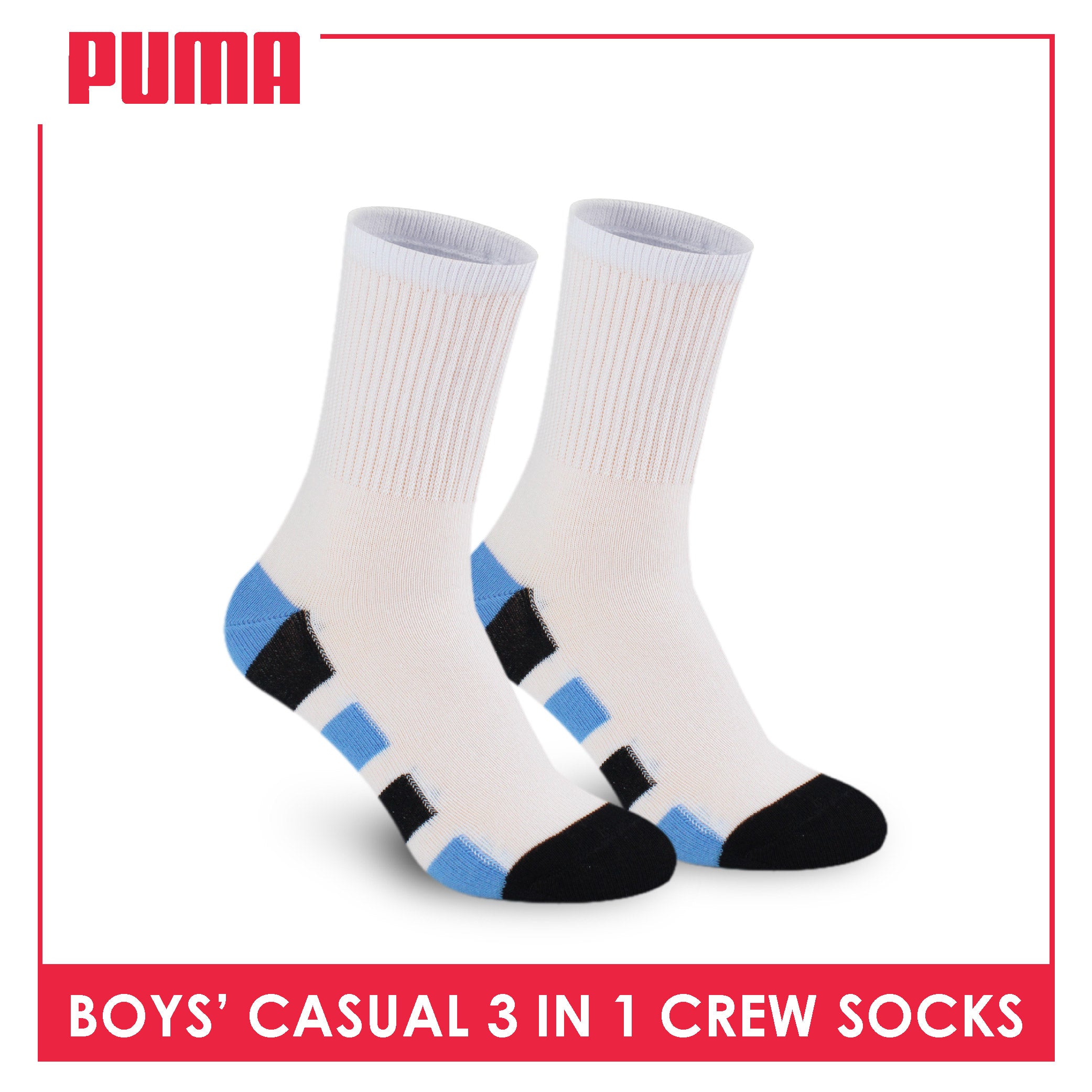 Puma Boys’ Cotton Thin Casual Crew Socks 3 pairs in 1 pack PBCKG32