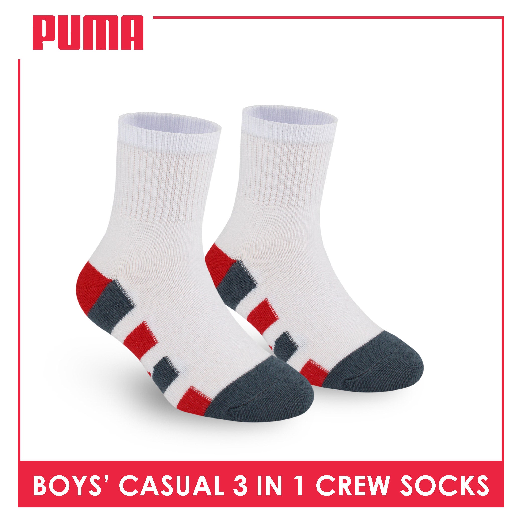 Puma Boys’ Cotton Thin Casual Crew Socks 3 pairs in 1 pack PBCKG32