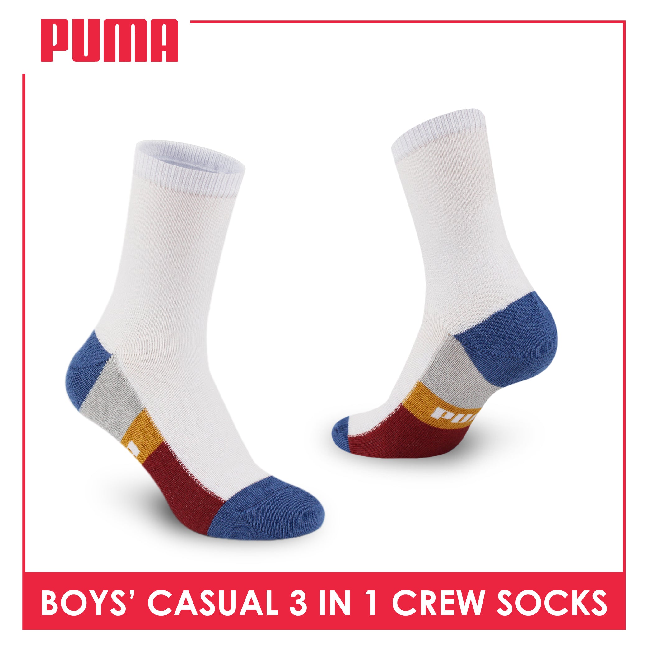 Puma Boys’ Cotton Thin Crew Socks 3 pairs in a pack PBCKG33