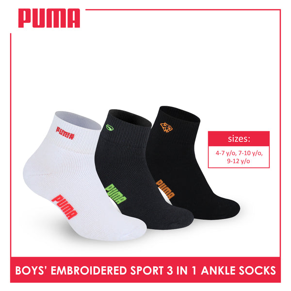 Puma Boys’ Embroidered Cotton Sports Ankle Socks 3 pairs in a pack PBSEG5