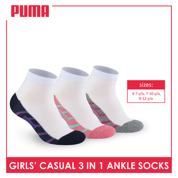 Puma Girls’ Cotton Lite Thin Casual Ankle Socks 3 pairs in a pack PGCKG21