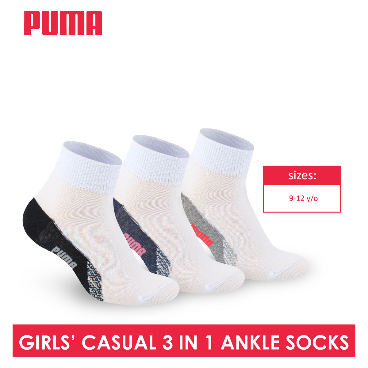 Puma Girls’ Cotton Lite Thin Casual Ankle Socks 3 pairs in a pack PGCKG22
