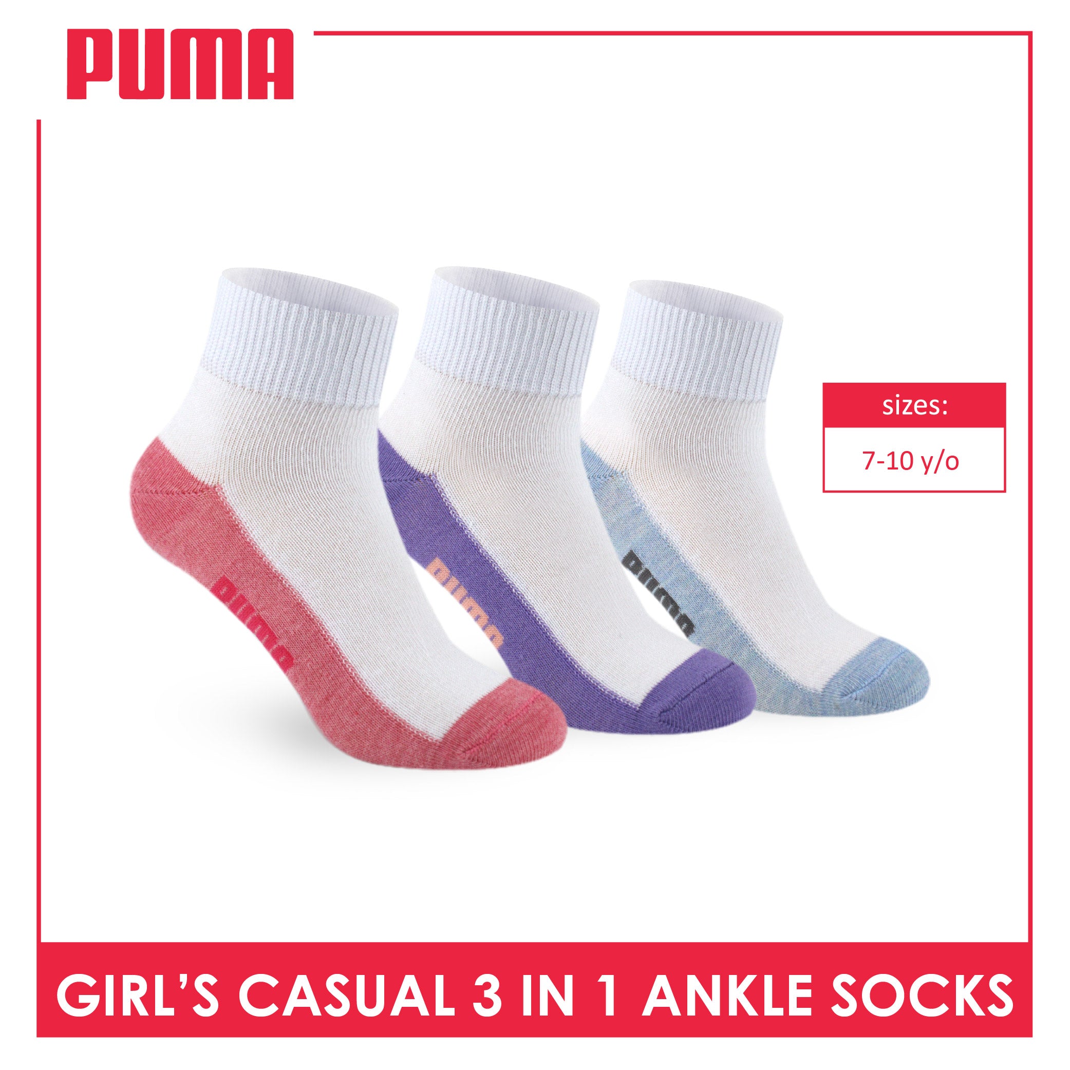 Puma Girls’ Cotton Lite Thin Casual Ankle Socks 3 pairs in a pack PGCKG22