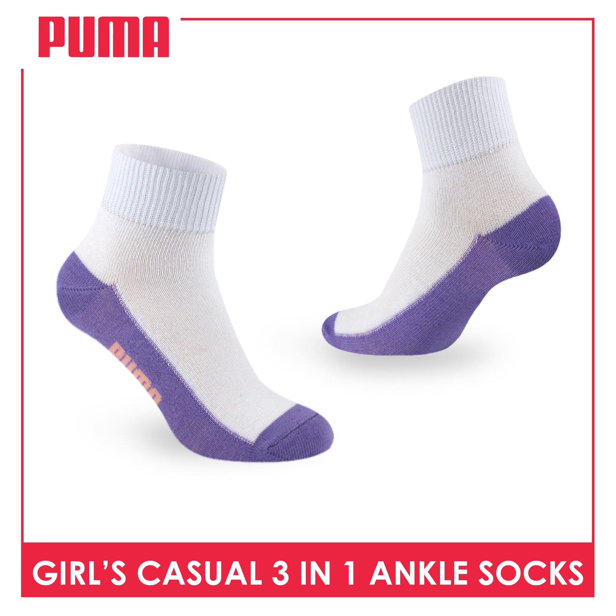Puma Girls’ Cotton Lite Thin Casual Ankle Socks 3 pairs in a pack PGCKG22