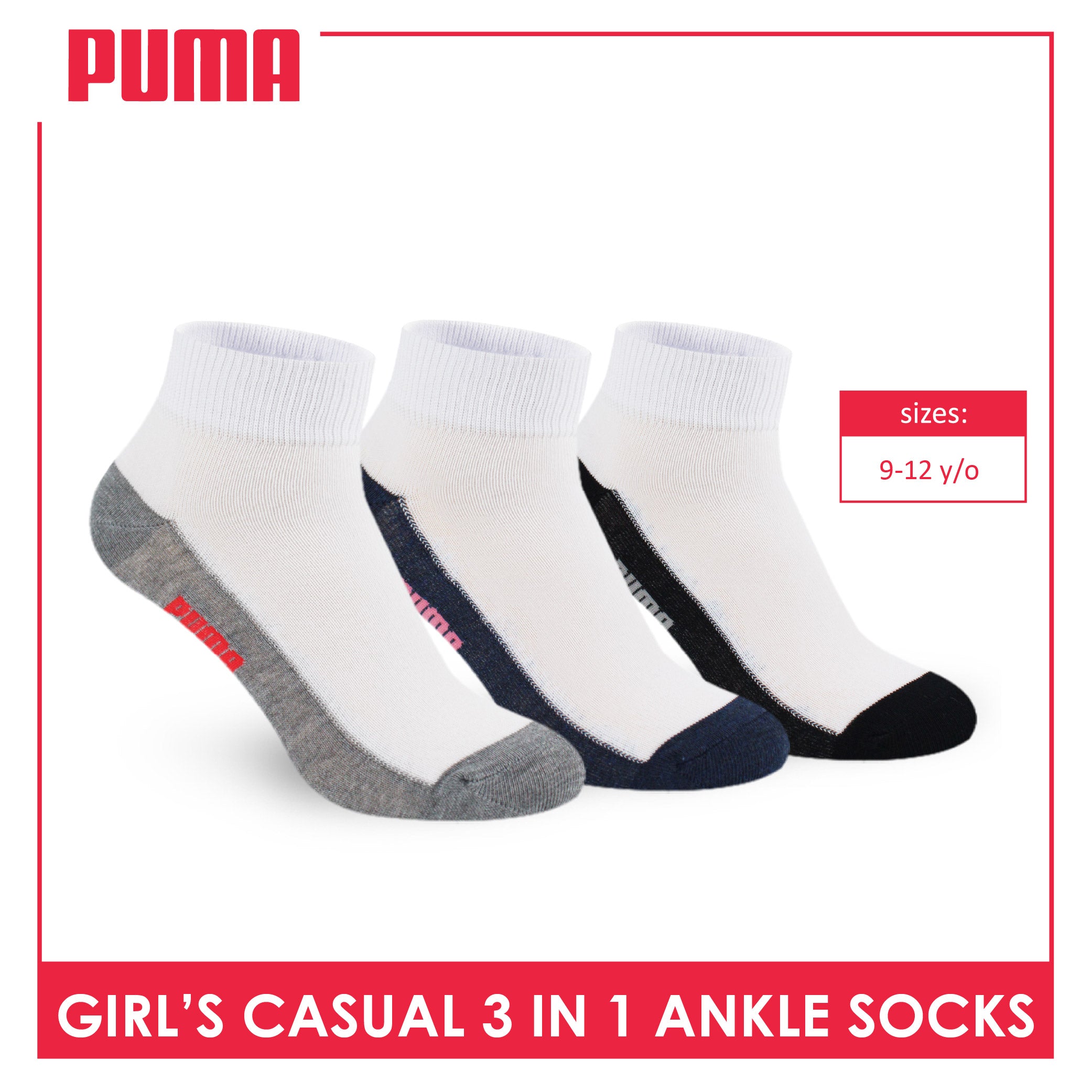Puma Girls’ Cotton Lite Thin Casual Ankle Socks 3 pairs in a pack PGCKG22