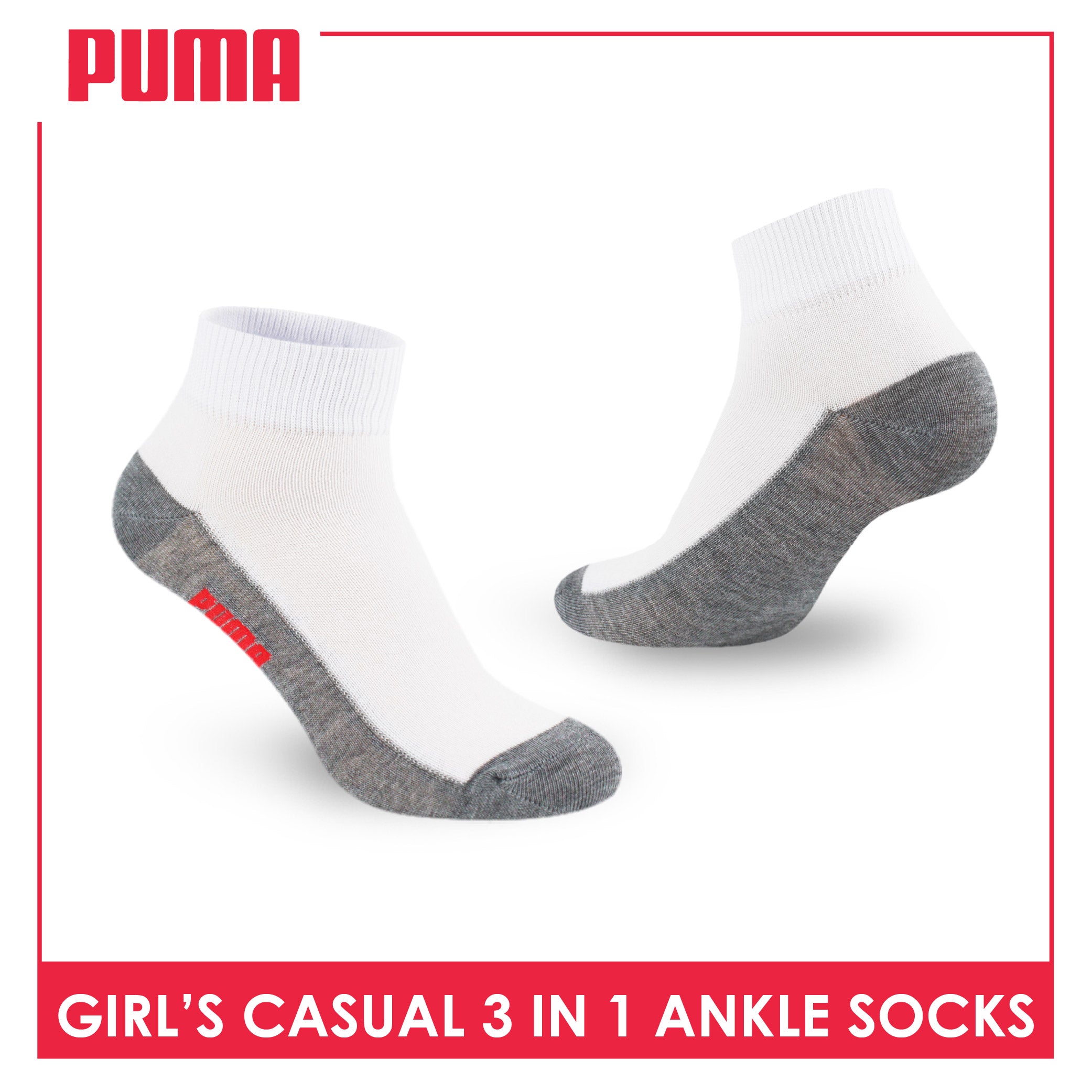 Puma Girls’ Cotton Lite Thin Casual Ankle Socks 3 pairs in a pack PGCKG22