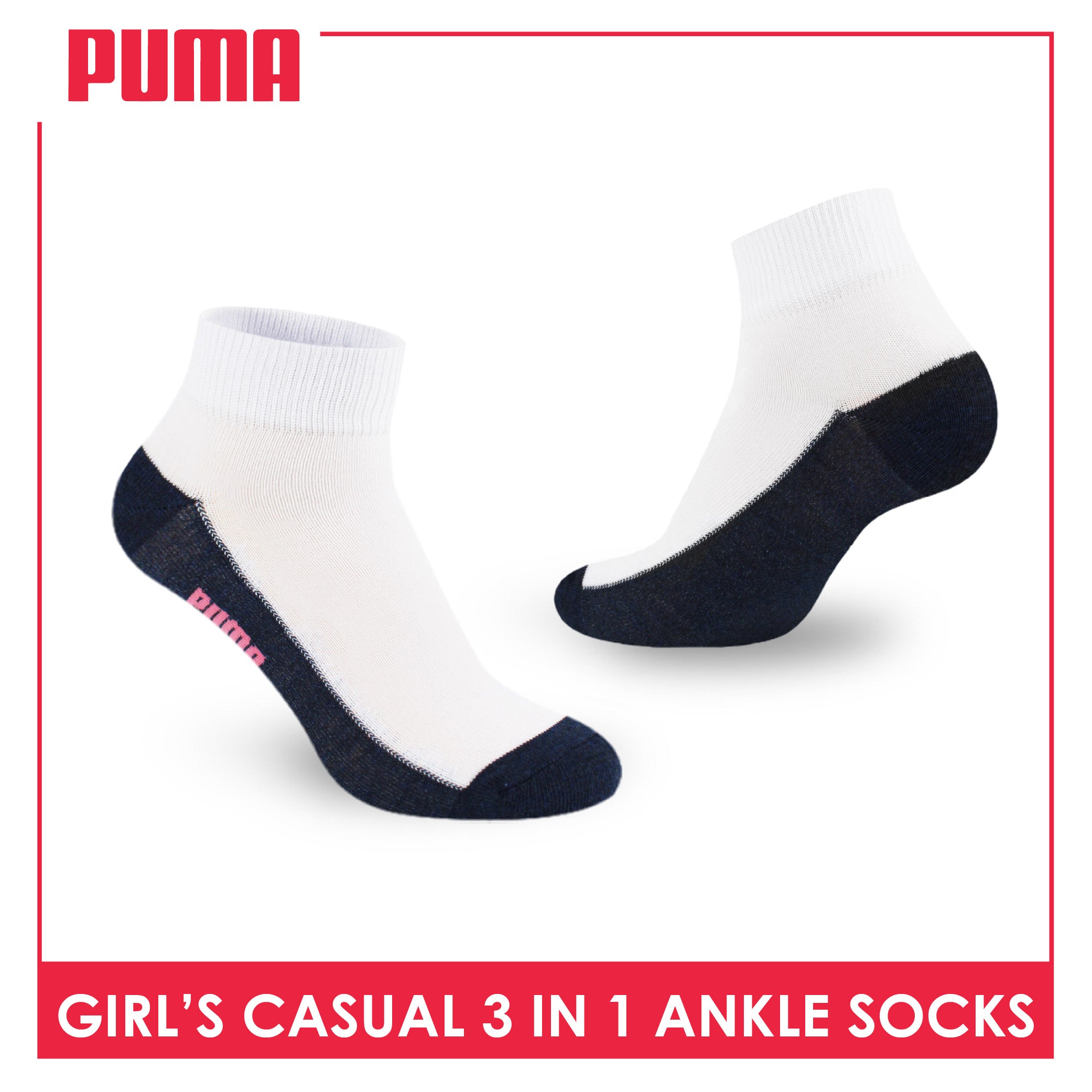Puma Girls’ Cotton Lite Thin Casual Ankle Socks 3 pairs in a pack PGCKG22