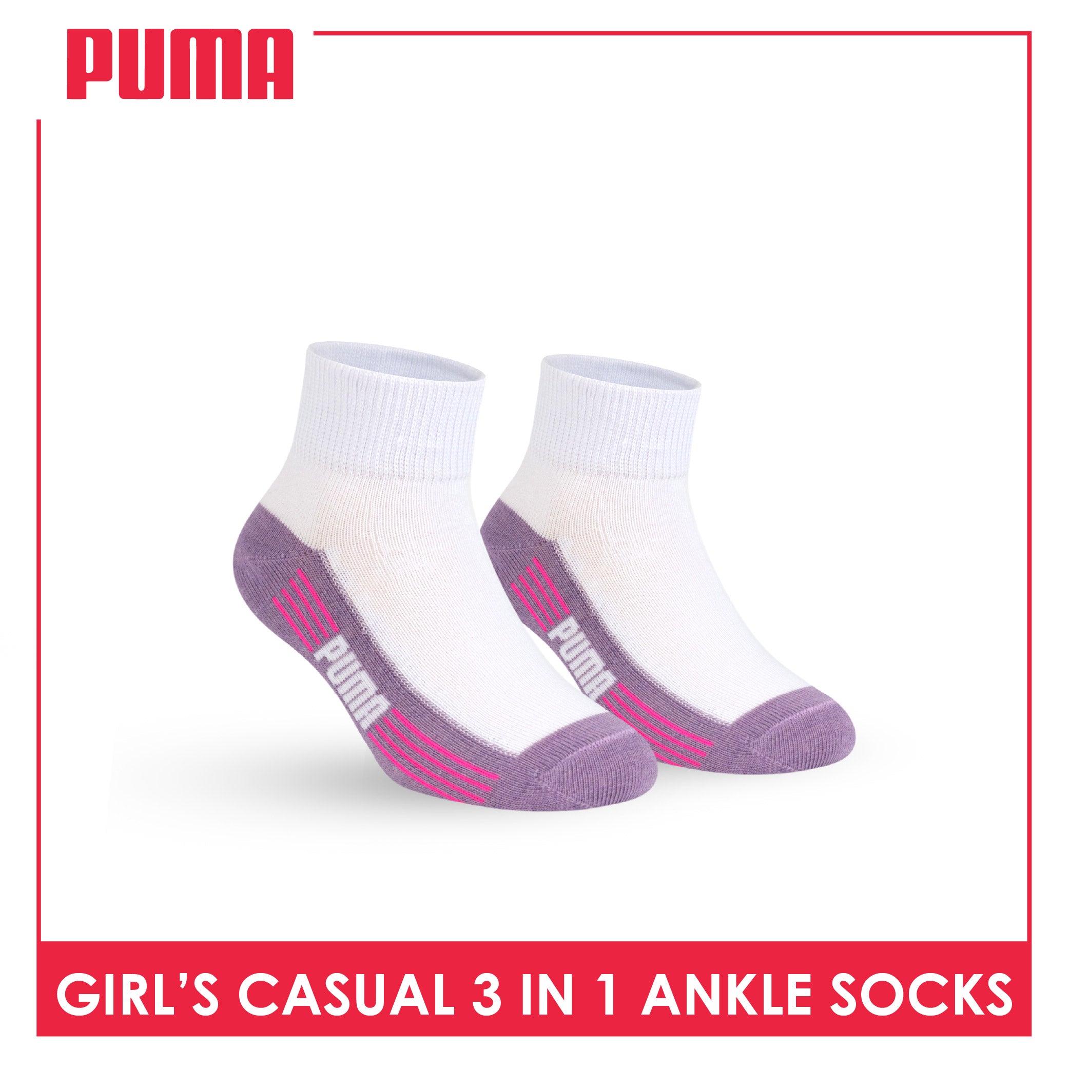 Puma Girls’ Cotton Lite Thin Casual Ankle Socks 3 pairs in a pack PGCKG23