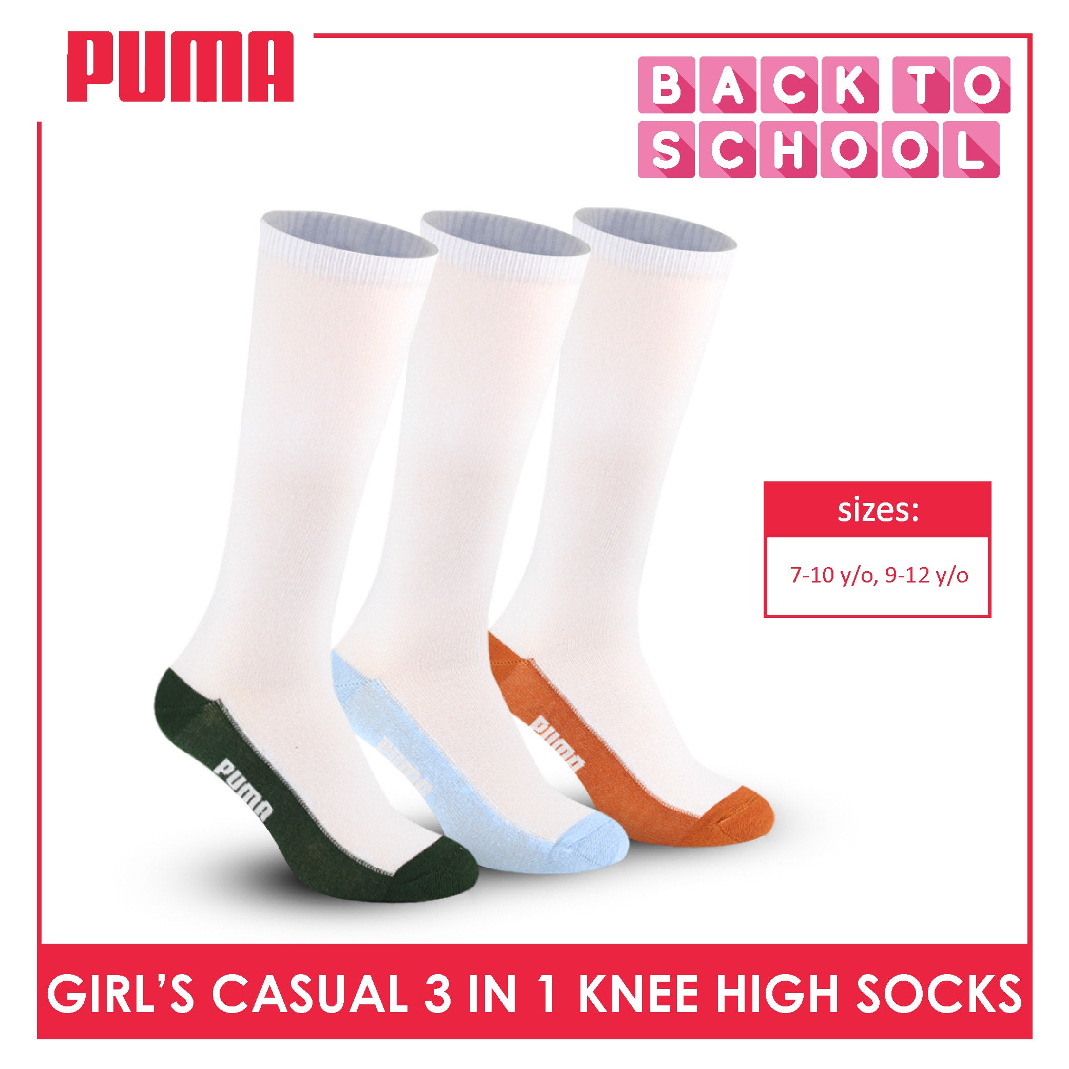 Puma Girl's Cotton Thin Casual Knee High Socks 3 pairs in a pack PGKHG3