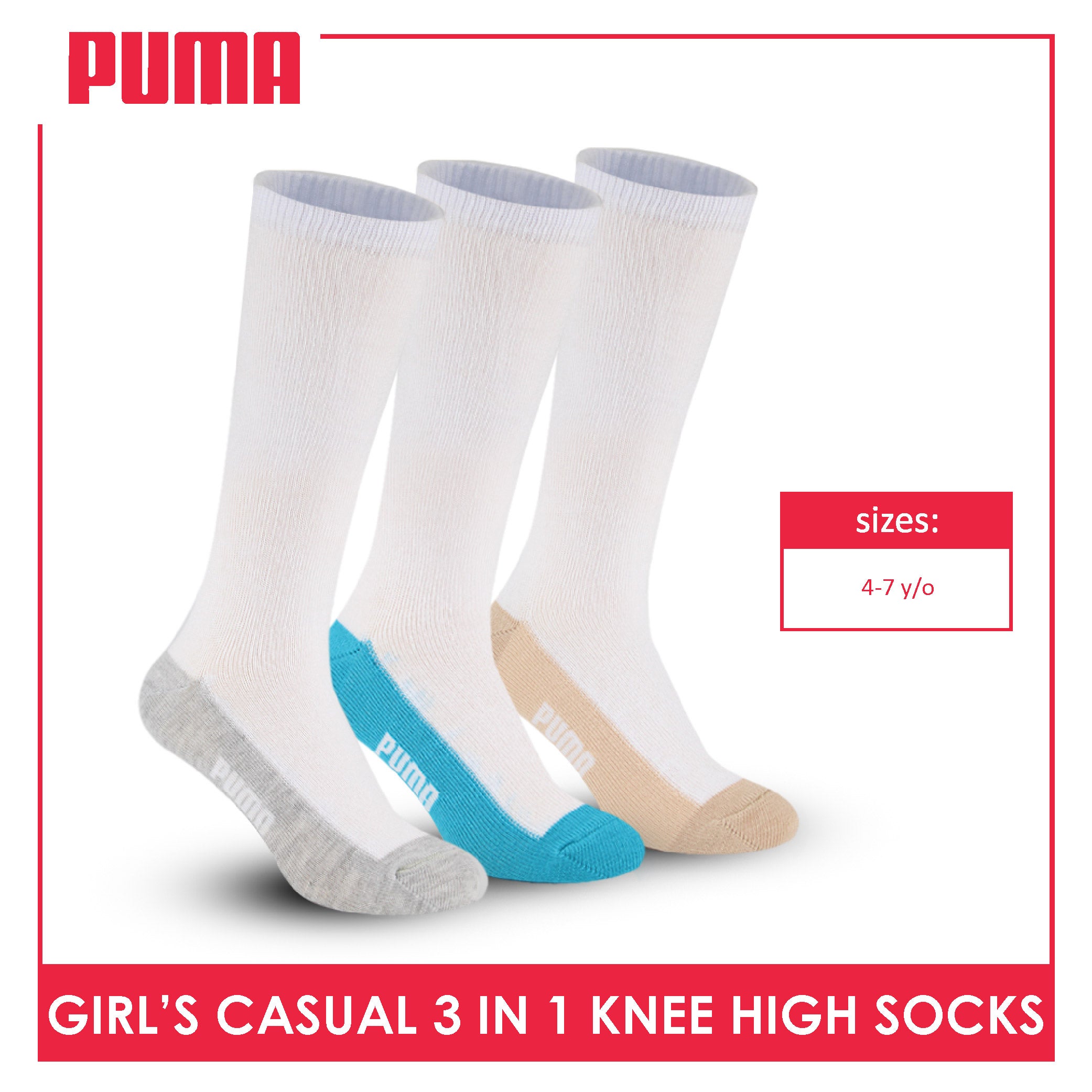 Puma Girl's Cotton Thin Casual Knee High Socks 3 pairs in a pack PGKHG3