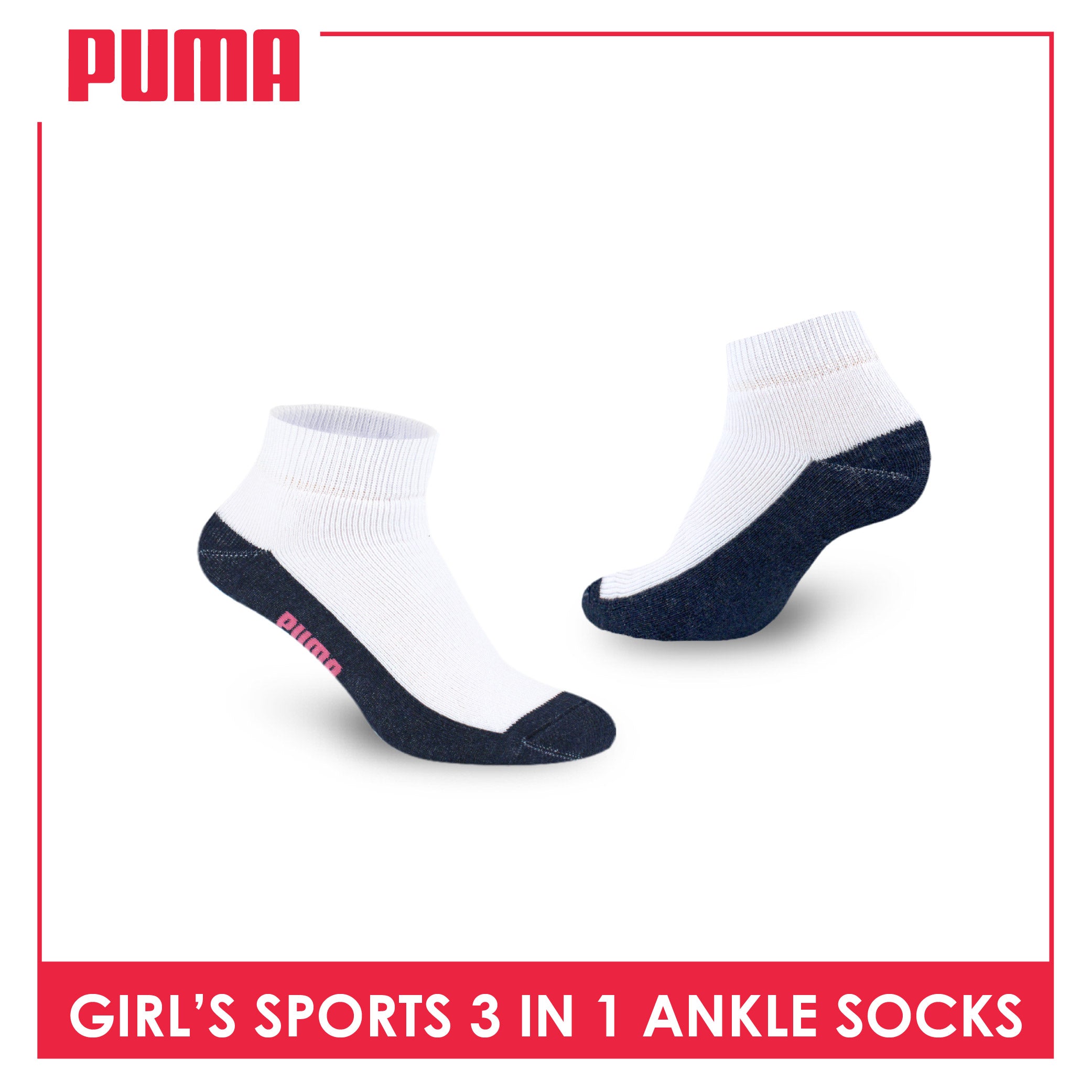 Puma Girls’ Cotton Thick Sports Ankle Socks 3 pairs in a pack PGSKG8
