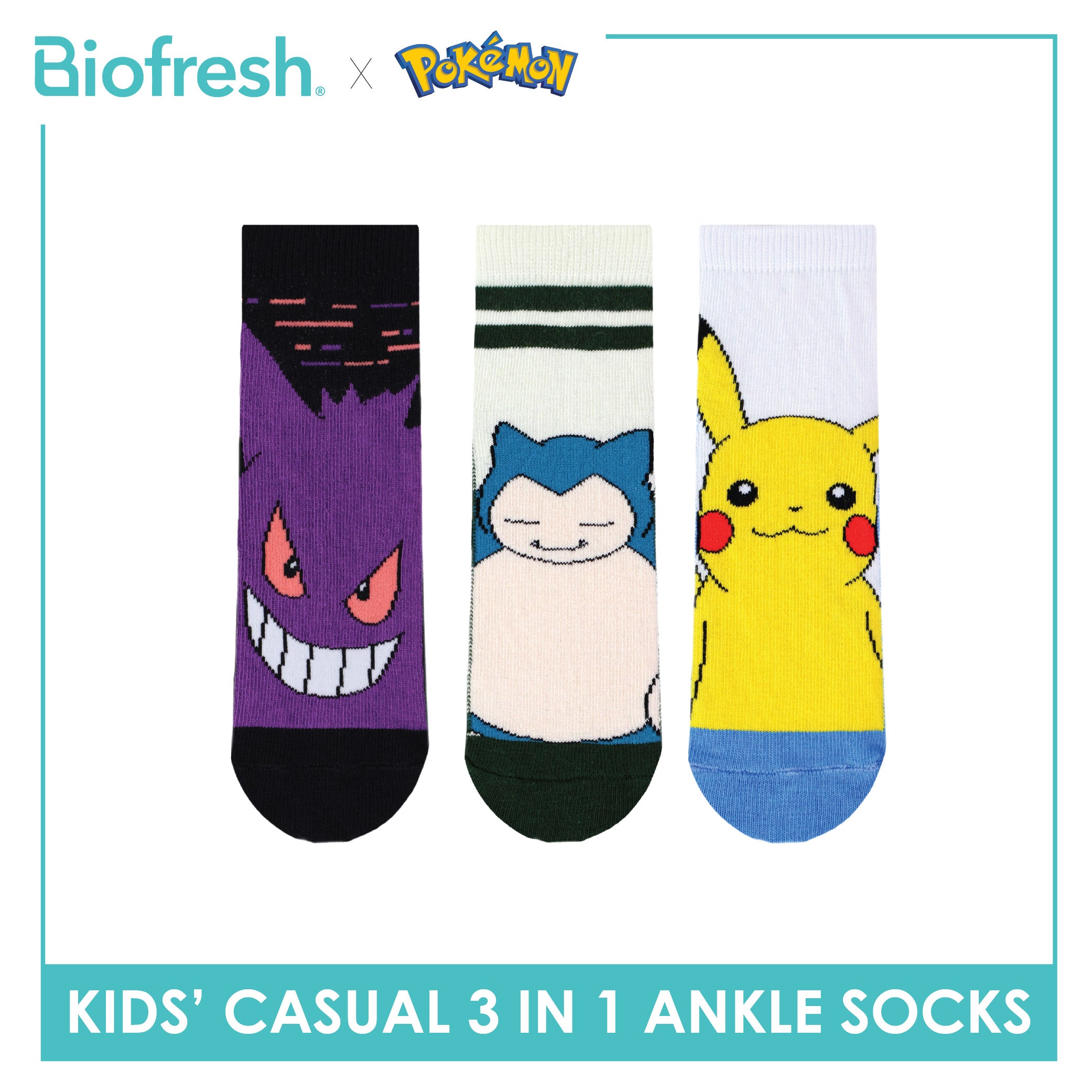 Biofresh | Pokemon Kids Antimicrobial Cotton Thin Casual Ankle Socks 3 pairs in 1 pack PKRBCG531