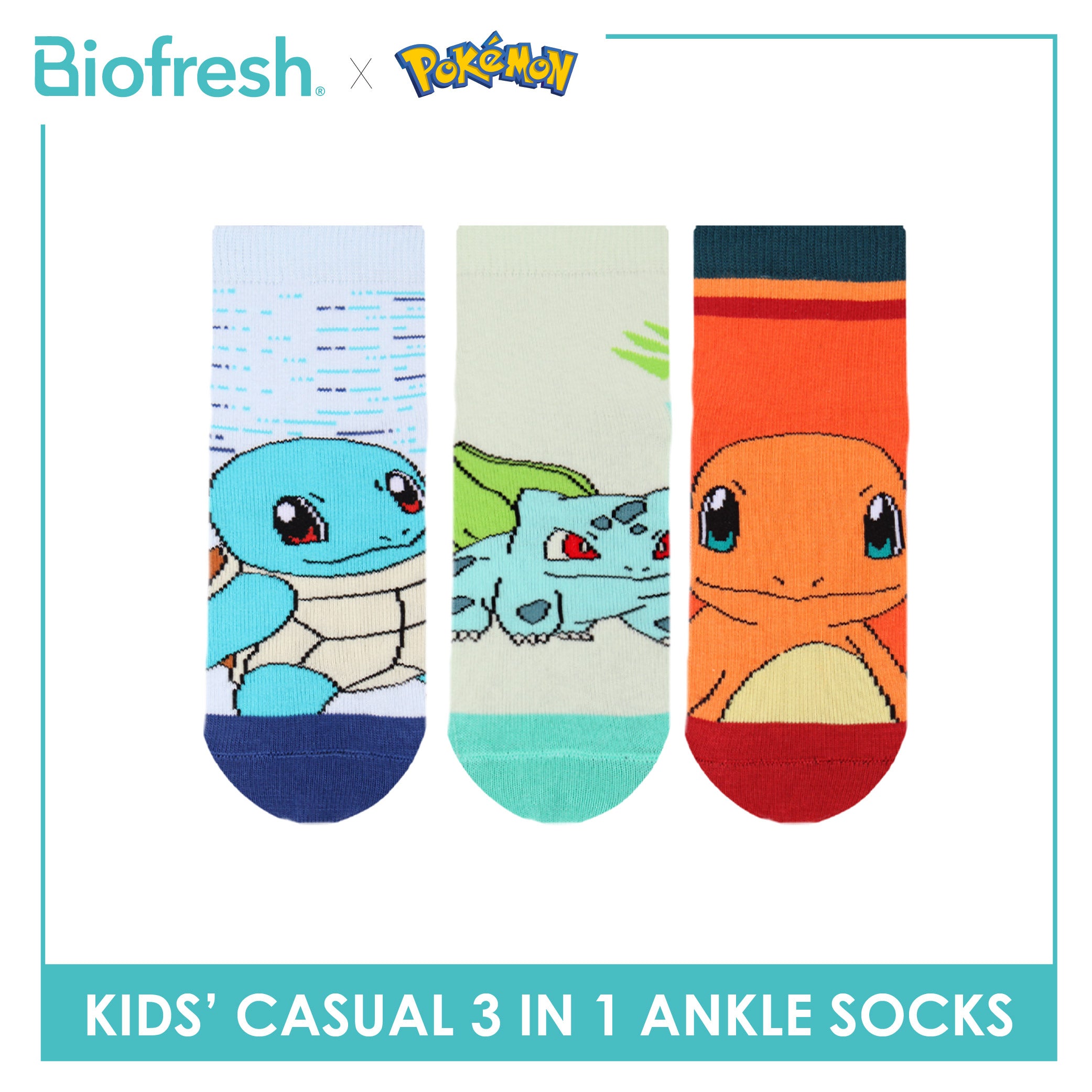 Biofresh | Pokemon Kids Antimicrobial Cotton Thin Casual Ankle Socks 3 pairs in 1 pack PKRBCG532