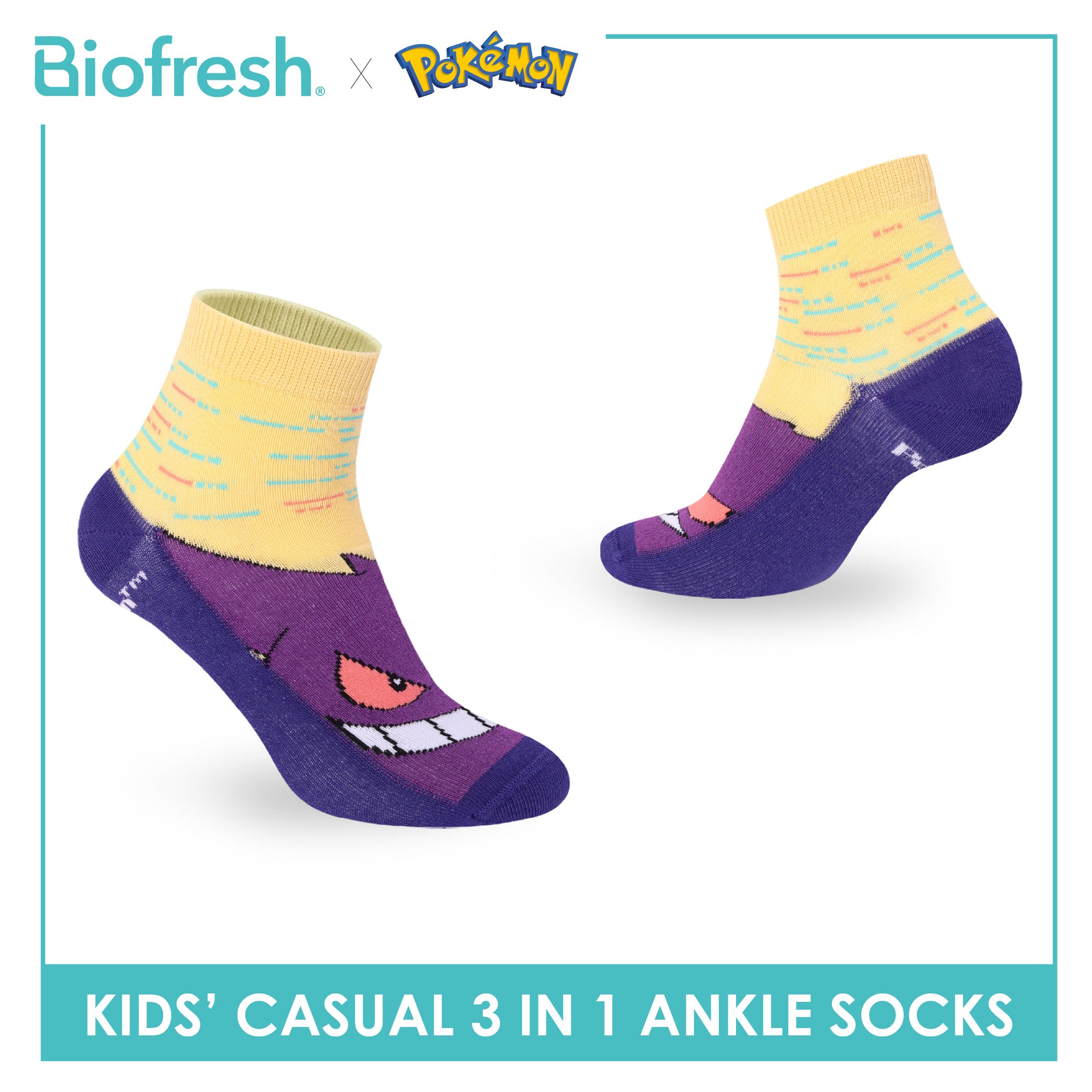 Biofresh | Pokemon Kids Antimicrobial Cotton Thin Casual Ankle Socks 3 pairs in 1 pack PKRBCG533