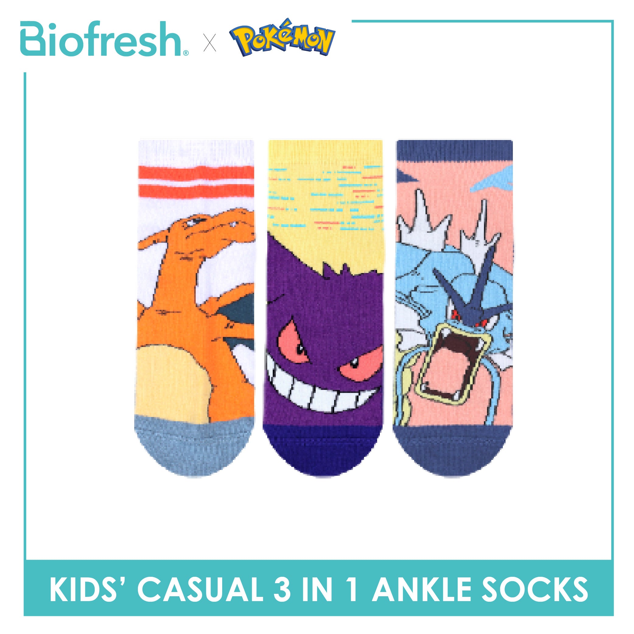 Biofresh | Pokemon Kids Antimicrobial Cotton Thin Casual Ankle Socks 3 pairs in 1 pack PKRBCG533