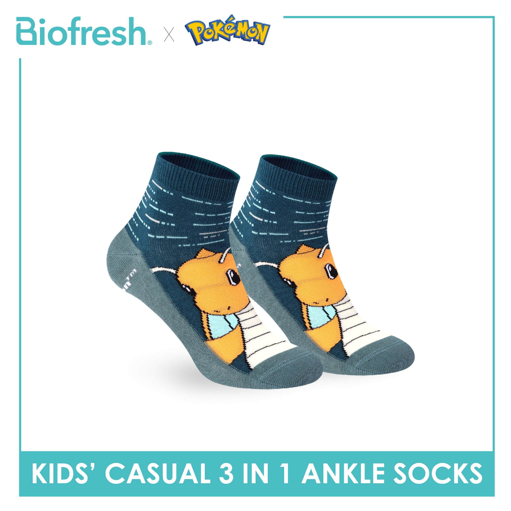 Biofresh | Pokemon Kids Antimicrobial Cotton Thin Casual Ankle Socks 3 pairs in 1 pack PKRBCG534