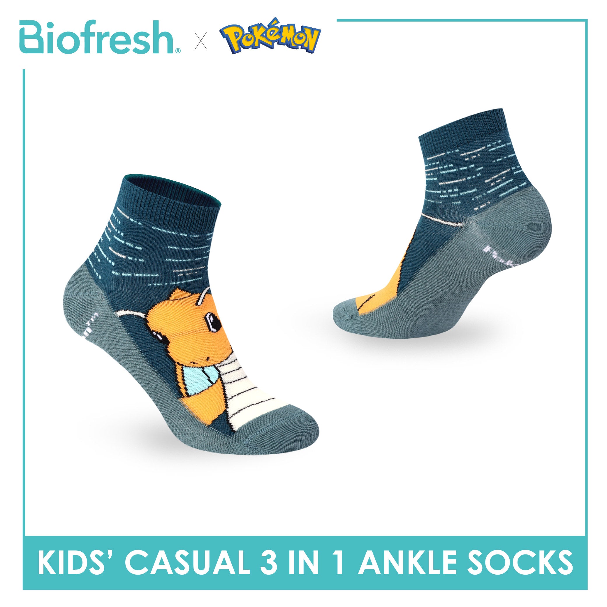 Biofresh | Pokemon Kids Antimicrobial Cotton Thin Casual Ankle Socks 3 pairs in 1 pack PKRBCG534