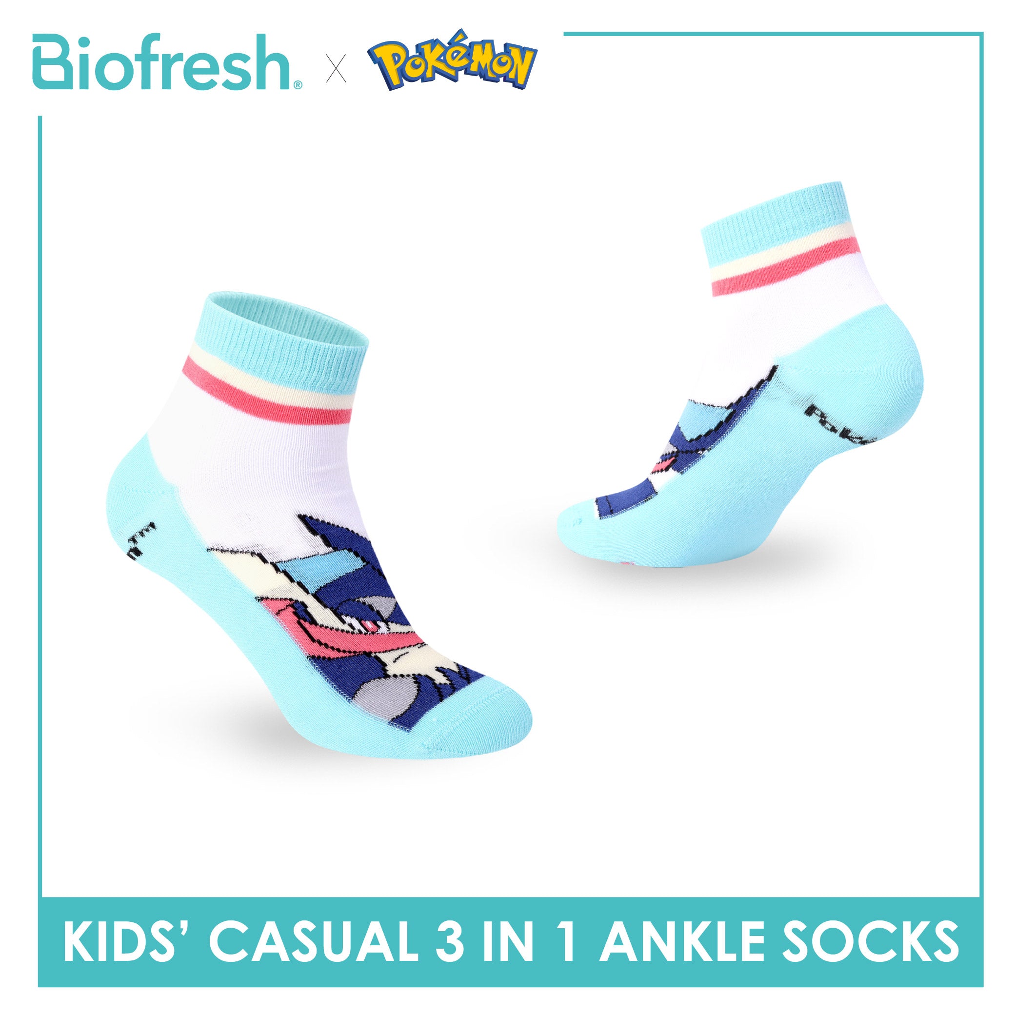 Biofresh | Pokemon Kids Antimicrobial Cotton Thin Casual Ankle Socks 3 pairs in 1 pack PKRBCG534