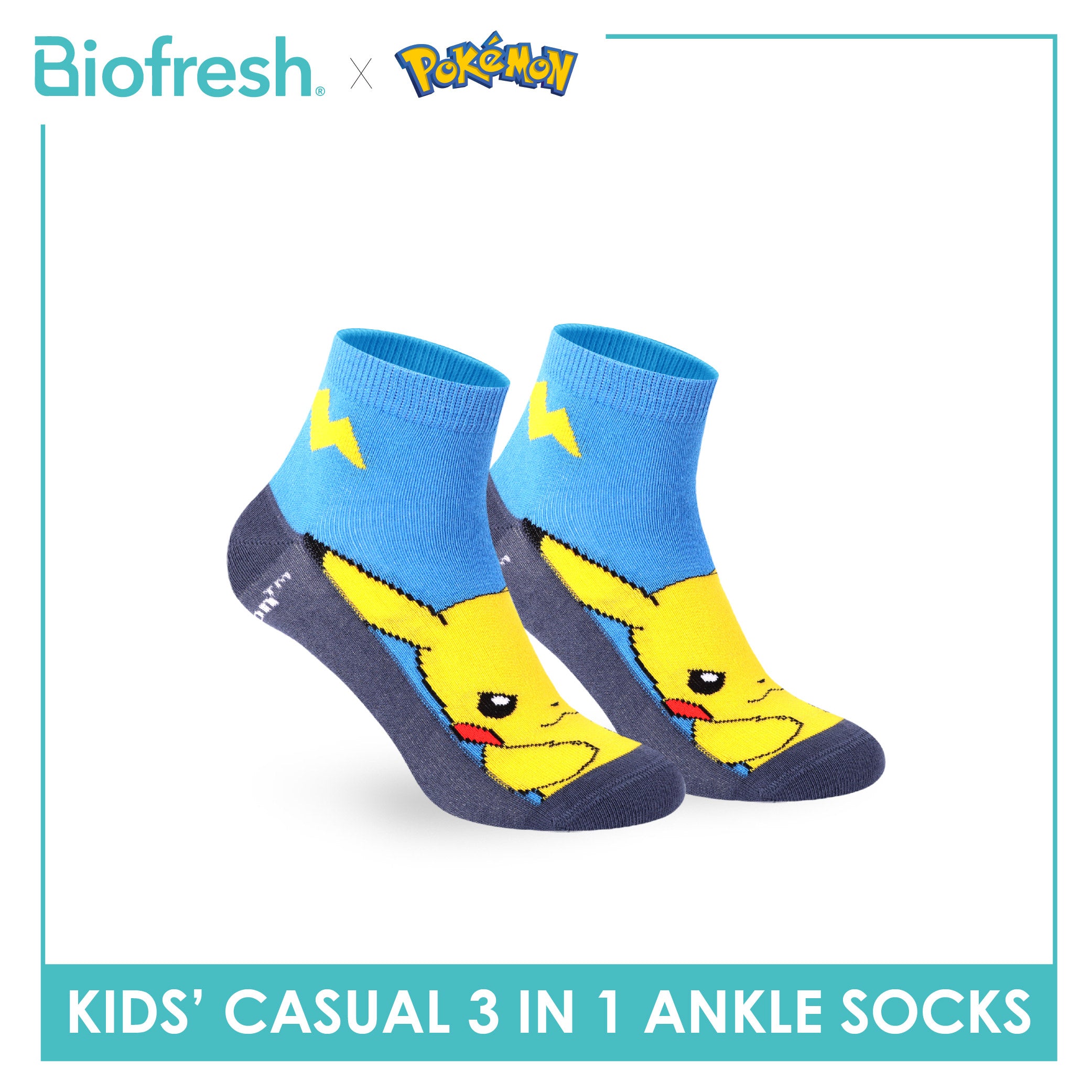 Biofresh | Pokemon Kids Antimicrobial Cotton Thin Casual Ankle Socks 3 pairs in 1 pack PKRBCG534