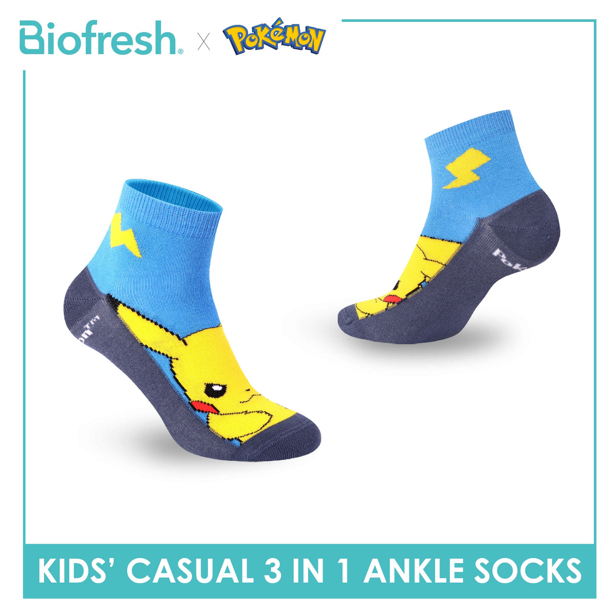 Biofresh | Pokemon Kids Antimicrobial Cotton Thin Casual Ankle Socks 3 pairs in 1 pack PKRBCG534