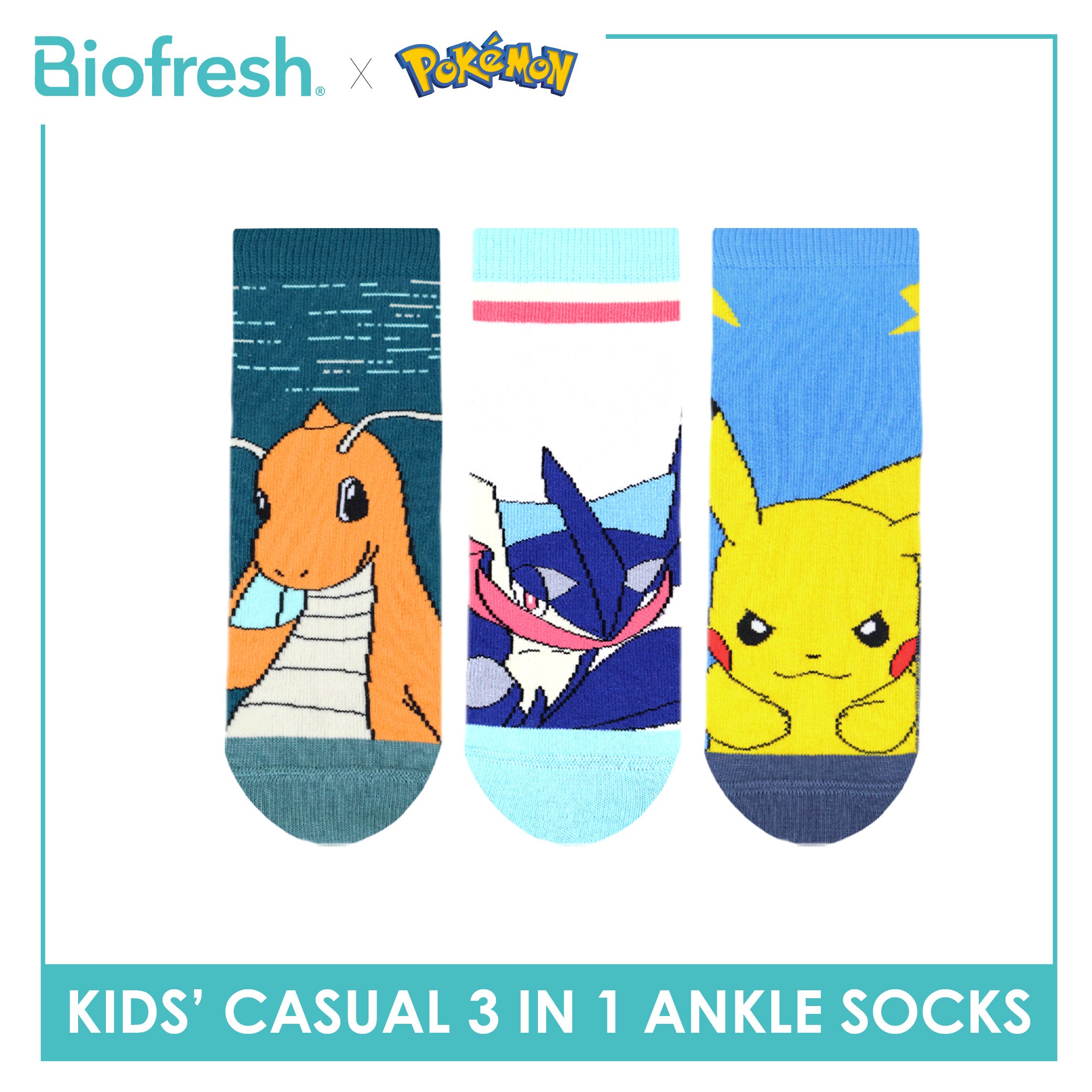 Biofresh | Pokemon Kids Antimicrobial Cotton Thin Casual Ankle Socks 3 pairs in 1 pack PKRBCG534