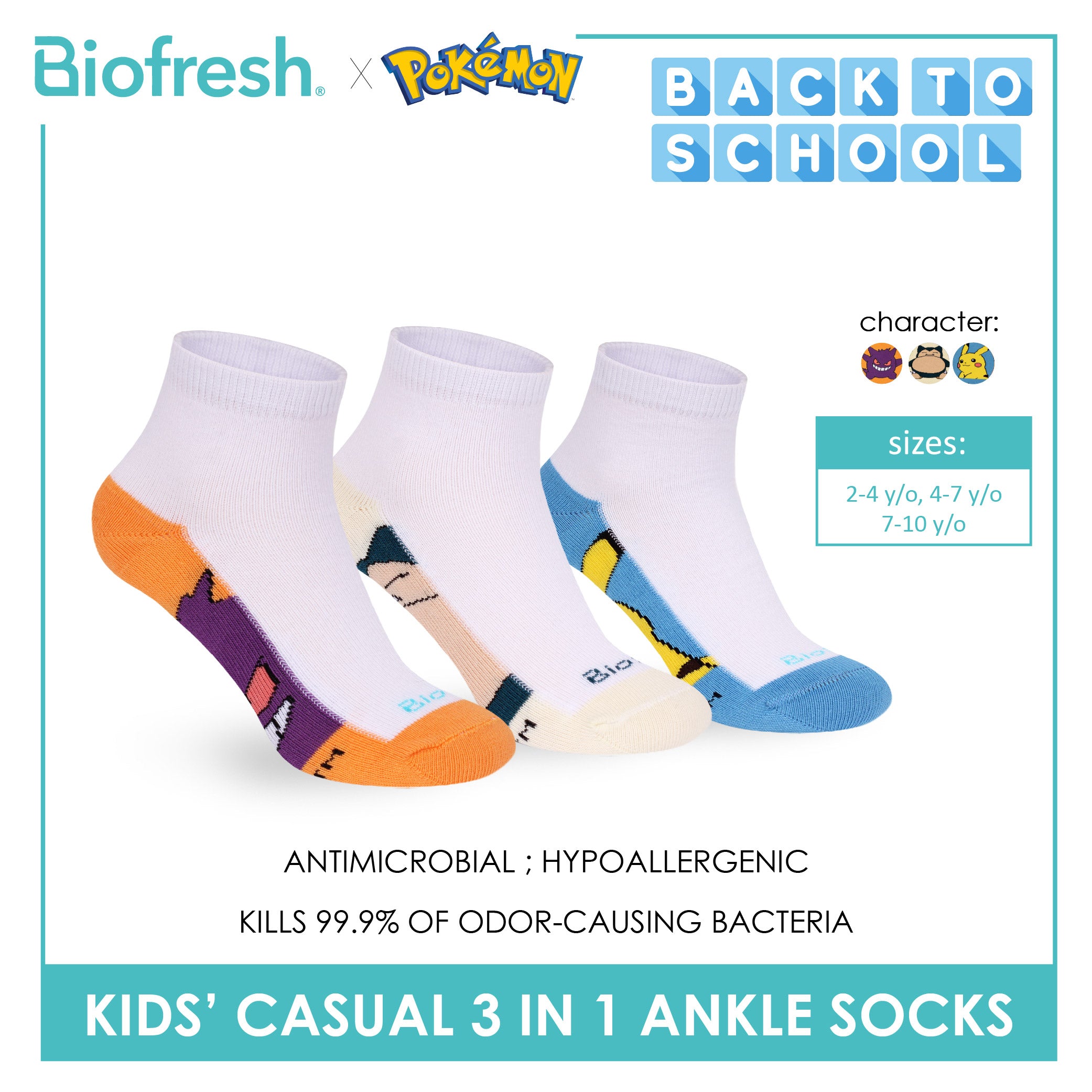 Biofresh | Pokemon Kids Antimicrobial Cotton Thin Casual Ankle Socks 3 pairs in 1 pack PKRBCKG1