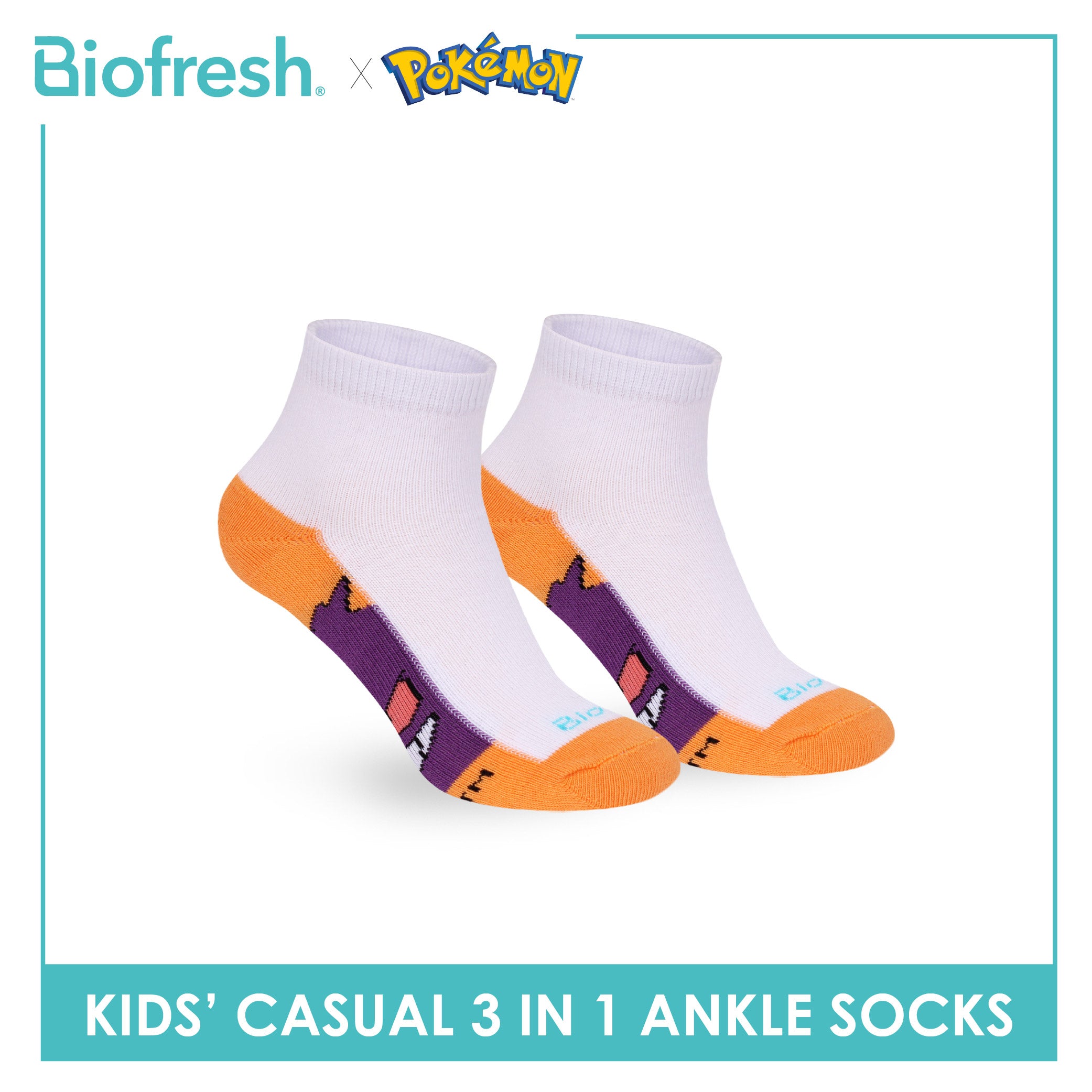 Biofresh | Pokemon Kids Antimicrobial Cotton Thin Casual Ankle Socks 3 pairs in 1 pack PKRBCKG1
