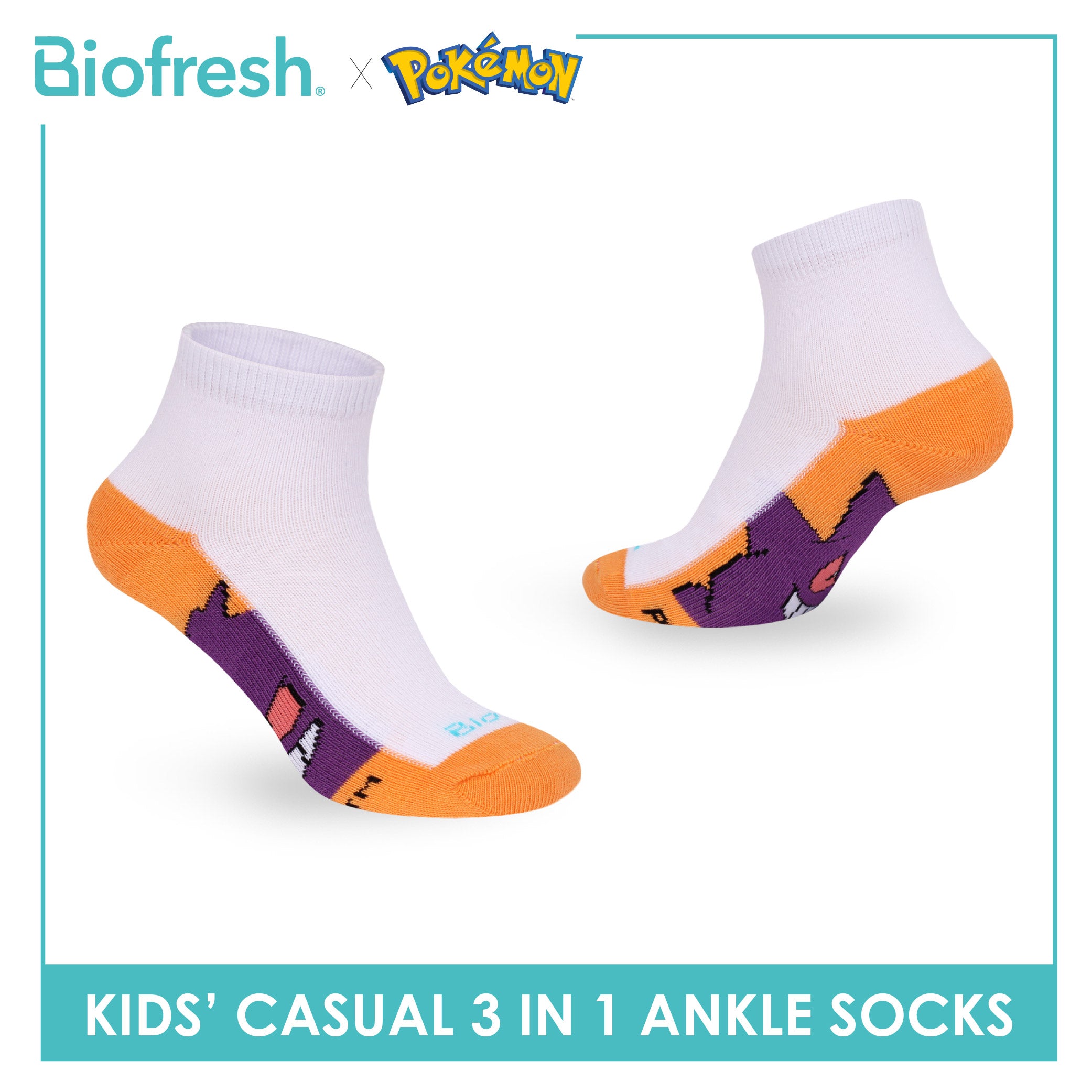 Biofresh | Pokemon Kids Antimicrobial Cotton Thin Casual Ankle Socks 3 pairs in 1 pack PKRBCKG1
