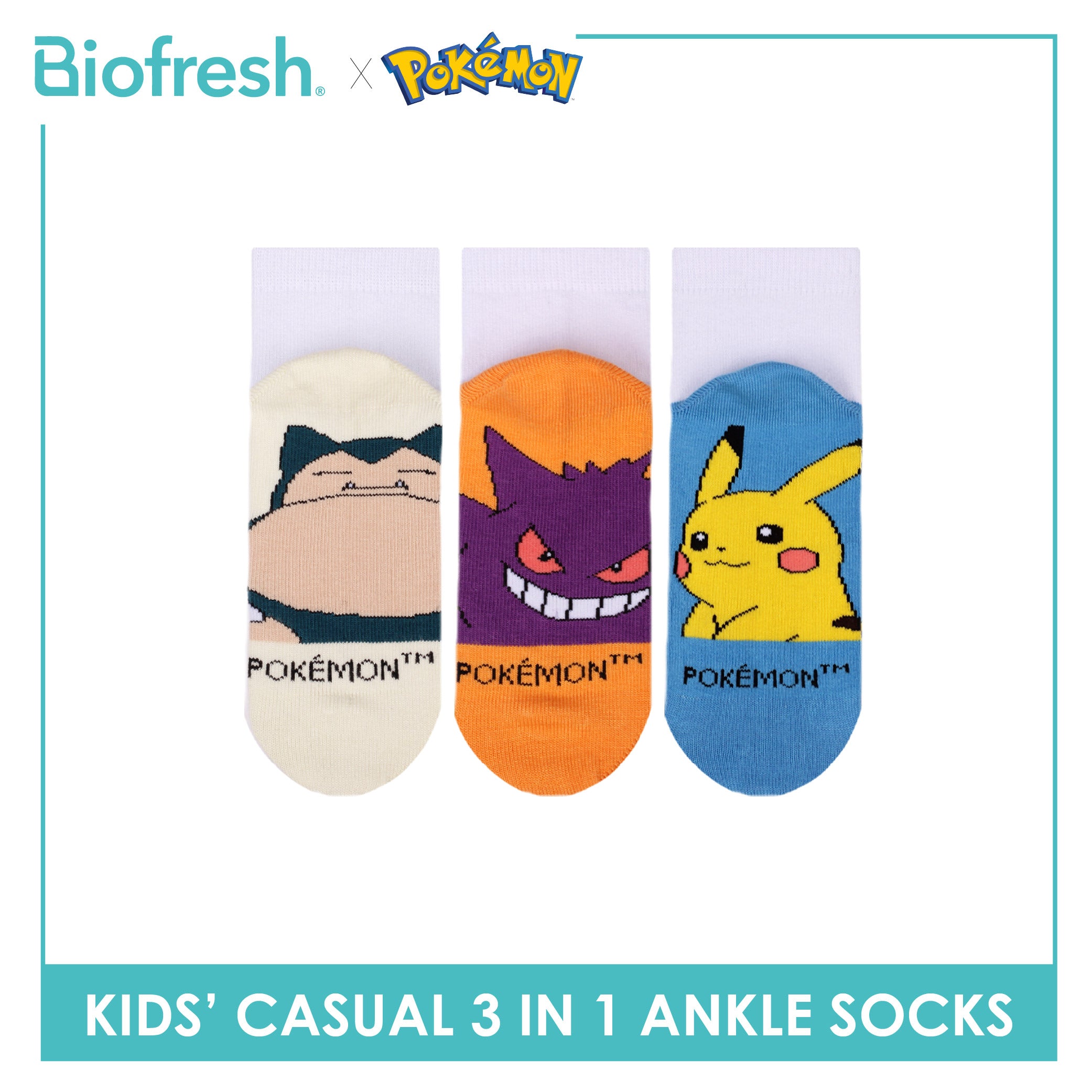 Biofresh | Pokemon Kids Antimicrobial Cotton Thin Casual Ankle Socks 3 pairs in 1 pack PKRBCKG1