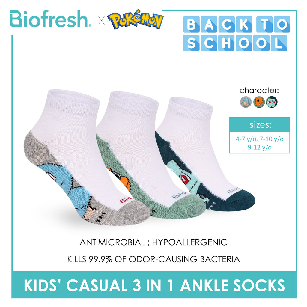 Biofresh | Pokemon Kids Antimicrobial Cotton Thin Casual Ankle Socks 3 pairs in 1 pack PKRBCKG2