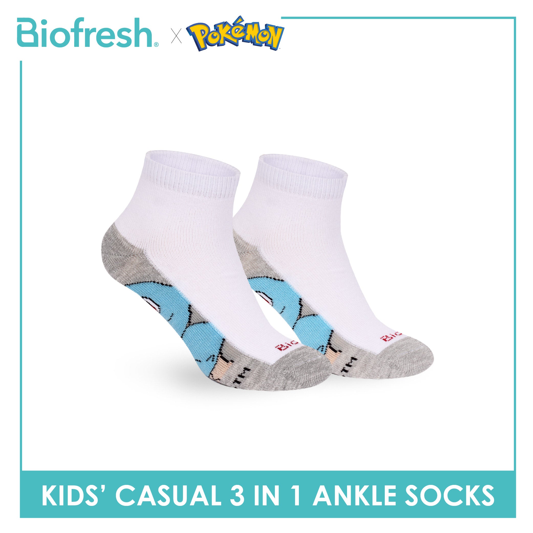 Biofresh | Pokemon Kids Antimicrobial Cotton Thin Casual Ankle Socks 3 pairs in 1 pack PKRBCKG2