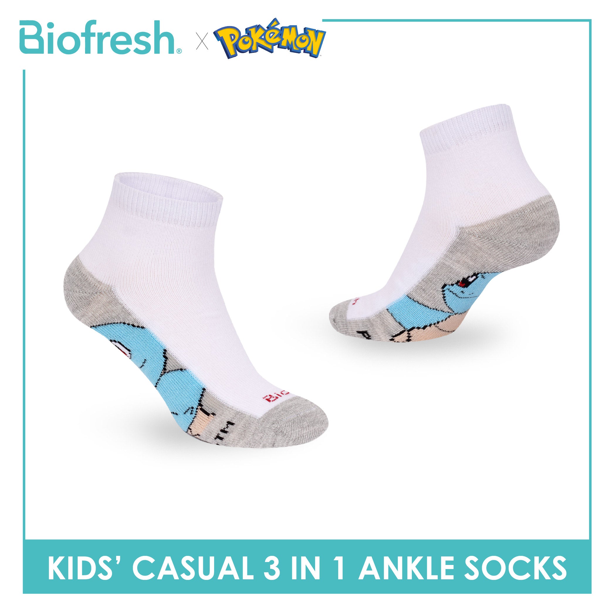 Biofresh | Pokemon Kids Antimicrobial Cotton Thin Casual Ankle Socks 3 pairs in 1 pack PKRBCKG2