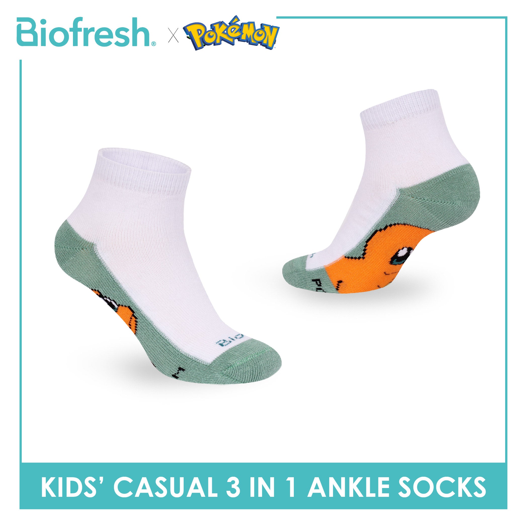 Biofresh | Pokemon Kids Antimicrobial Cotton Thin Casual Ankle Socks 3 pairs in 1 pack PKRBCKG2