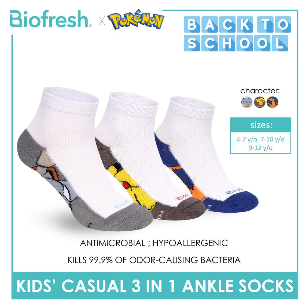 Biofresh | Pokemon Kids Antimicrobial Cotton Thin Casual Ankle Socks 3 pairs in 1 pack PKRBCKG3