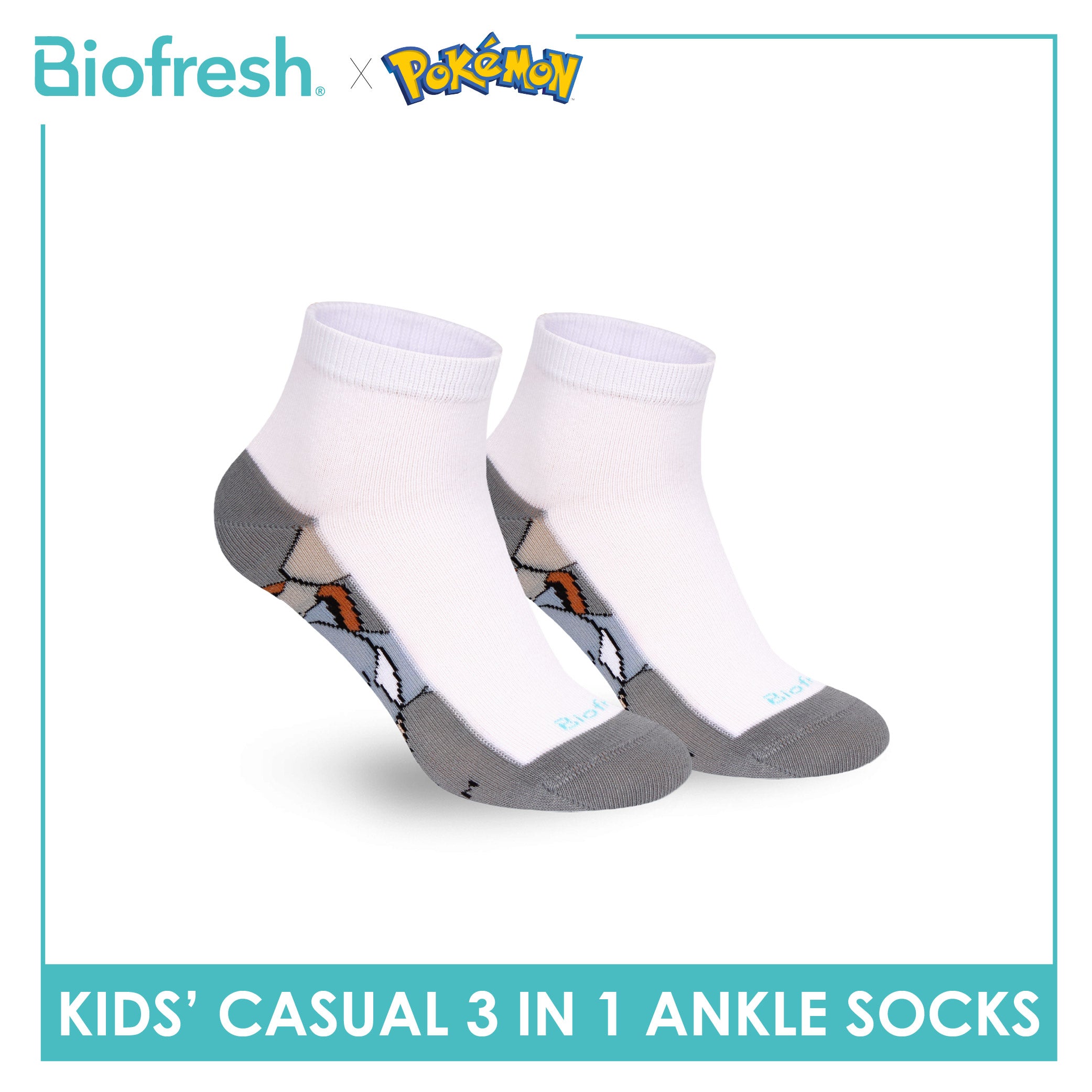 Biofresh | Pokemon Kids Antimicrobial Cotton Thin Casual Ankle Socks 3 pairs in 1 pack PKRBCKG3