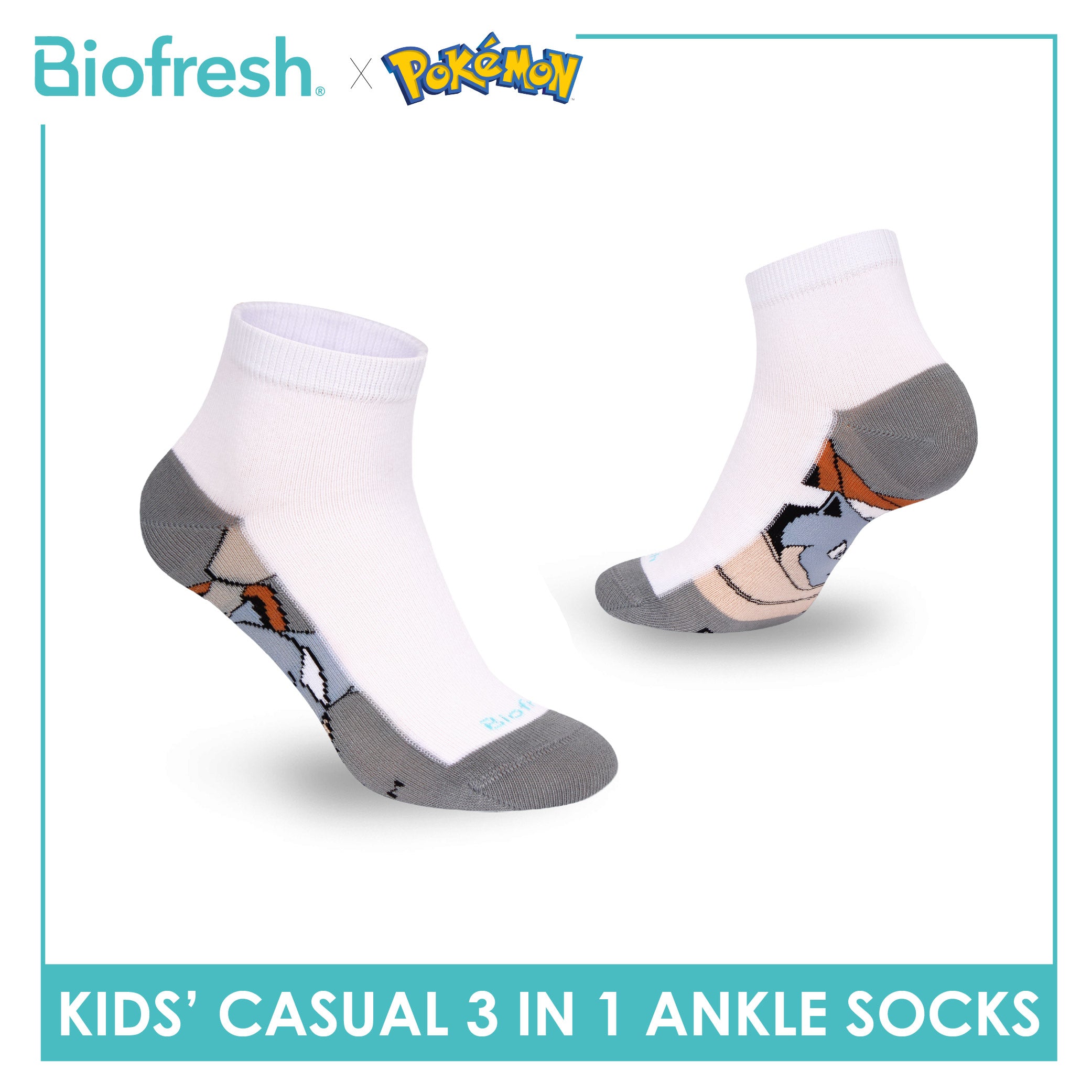 Biofresh | Pokemon Kids Antimicrobial Cotton Thin Casual Ankle Socks 3 pairs in 1 pack PKRBCKG3