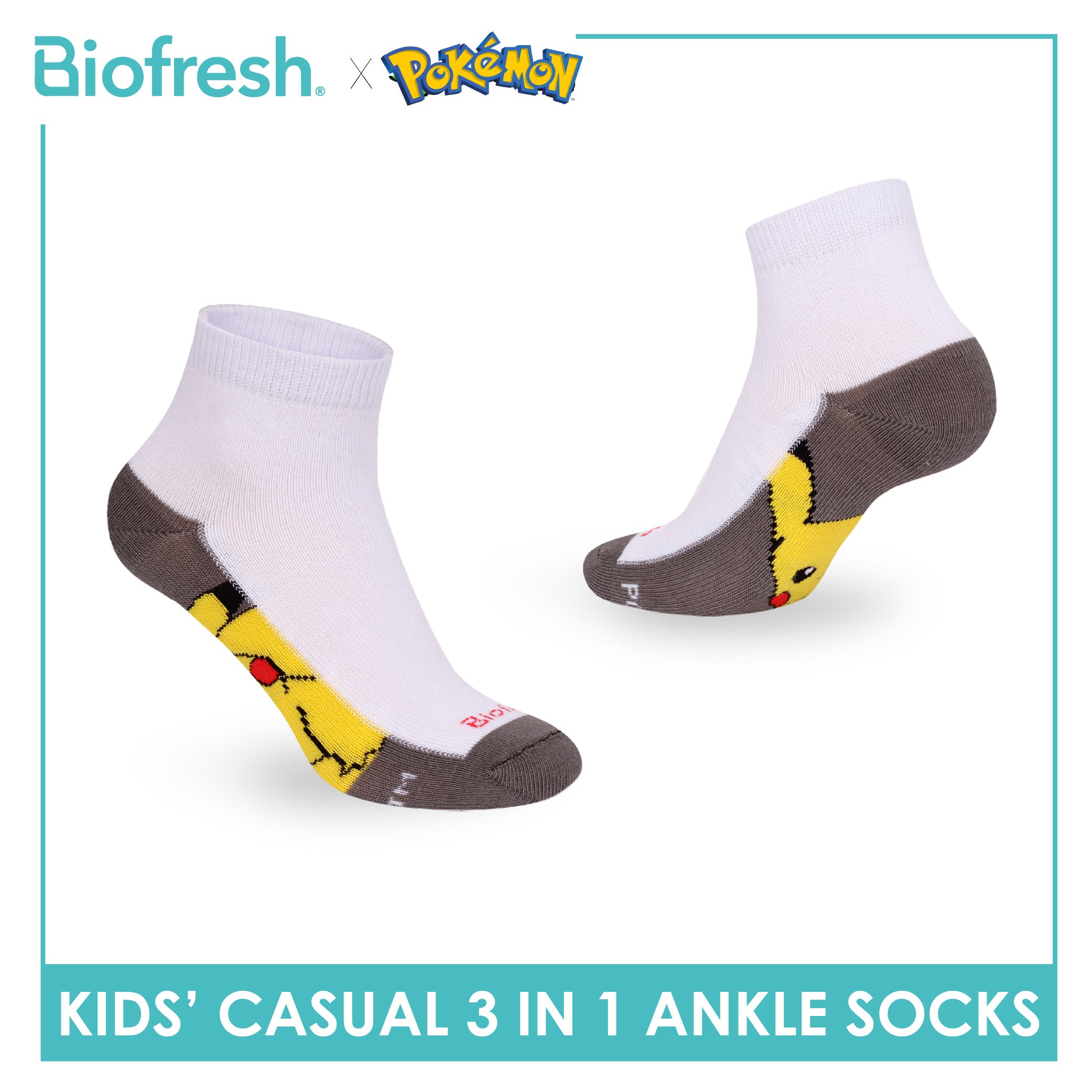 Biofresh | Pokemon Kids Antimicrobial Cotton Thin Casual Ankle Socks 3 pairs in 1 pack PKRBCKG3