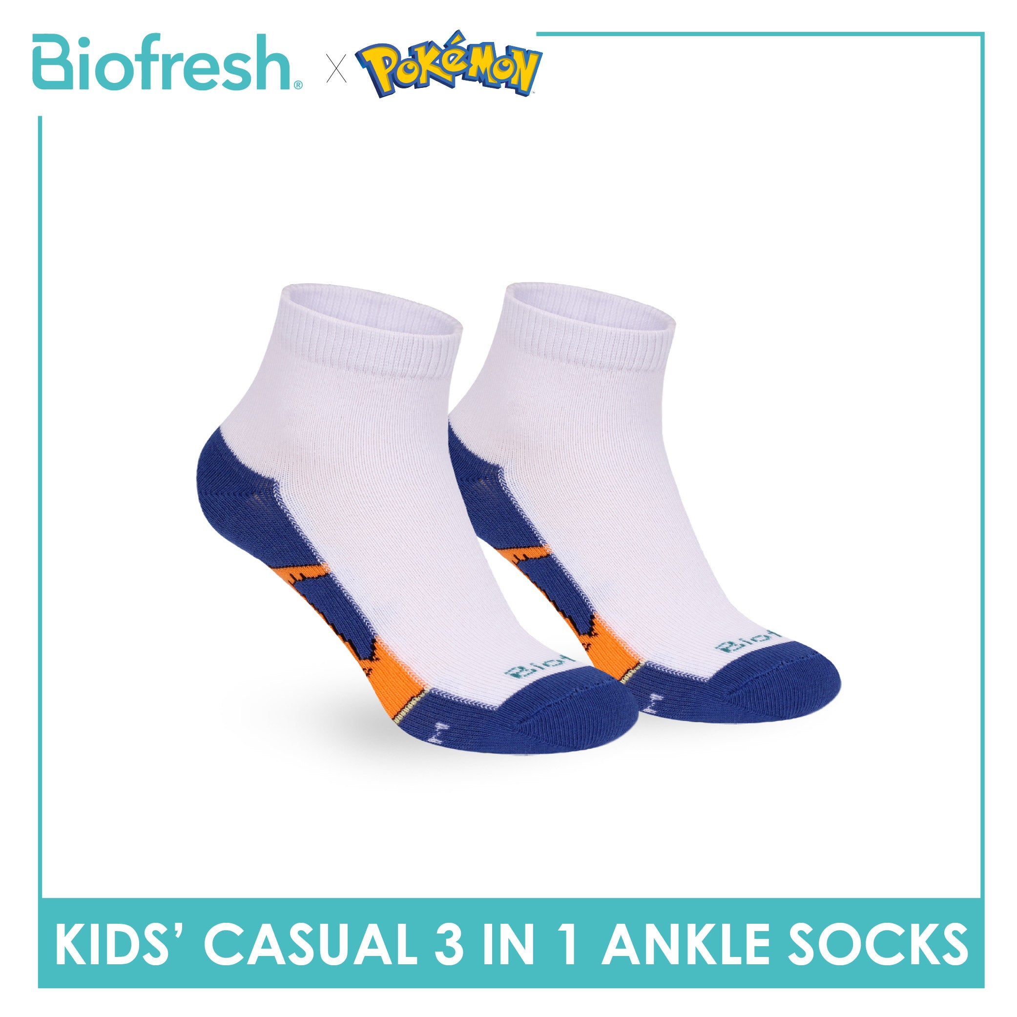 Biofresh | Pokemon Kids Antimicrobial Cotton Thin Casual Ankle Socks 3 pairs in 1 pack PKRBCKG3