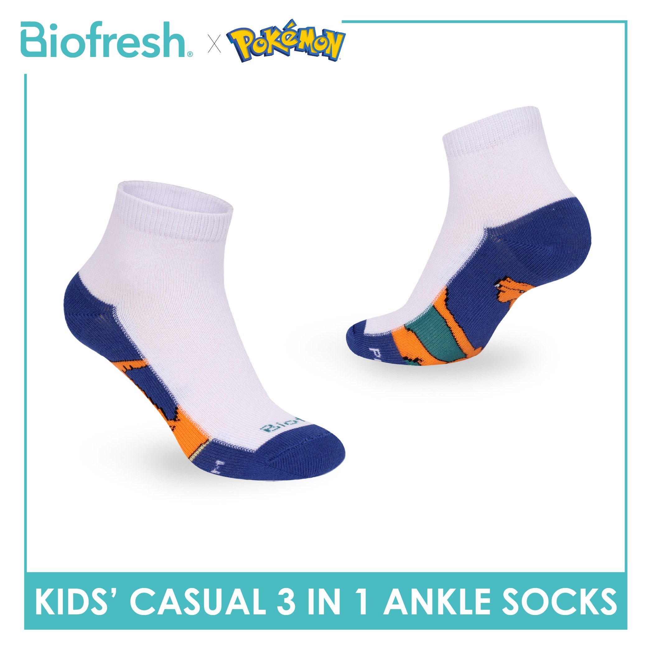 Biofresh | Pokemon Kids Antimicrobial Cotton Thin Casual Ankle Socks 3 pairs in 1 pack PKRBCKG3