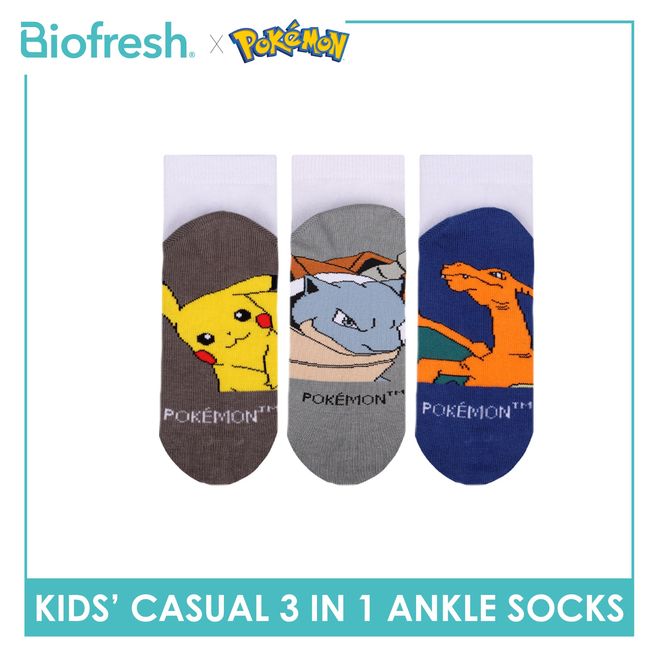 Biofresh | Pokemon Kids Antimicrobial Cotton Thin Casual Ankle Socks 3 pairs in 1 pack PKRBCKG3