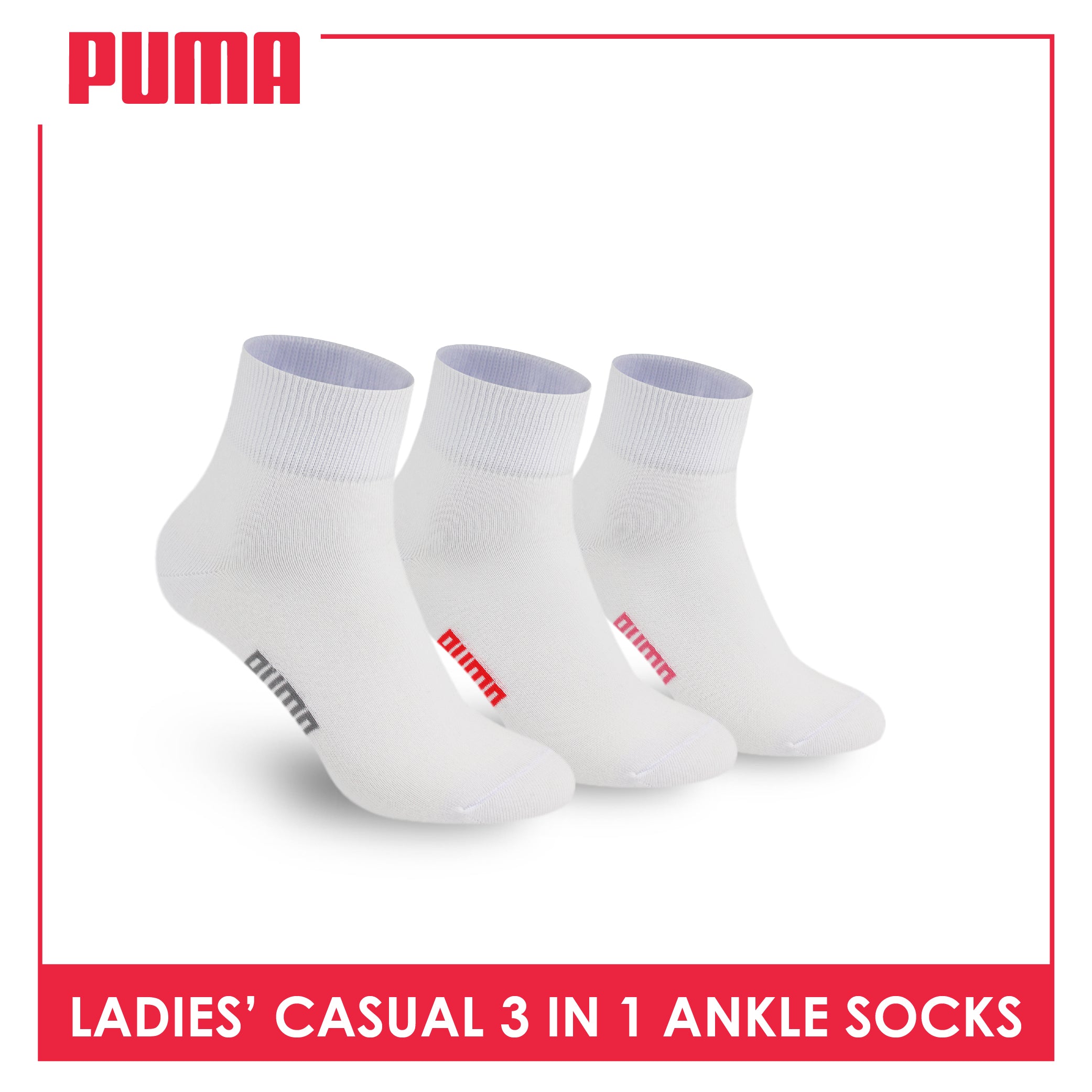 Puma Ladies' Cotton Lite Thin Casual Ankle Socks 3 pairs in a pack PLCKG19