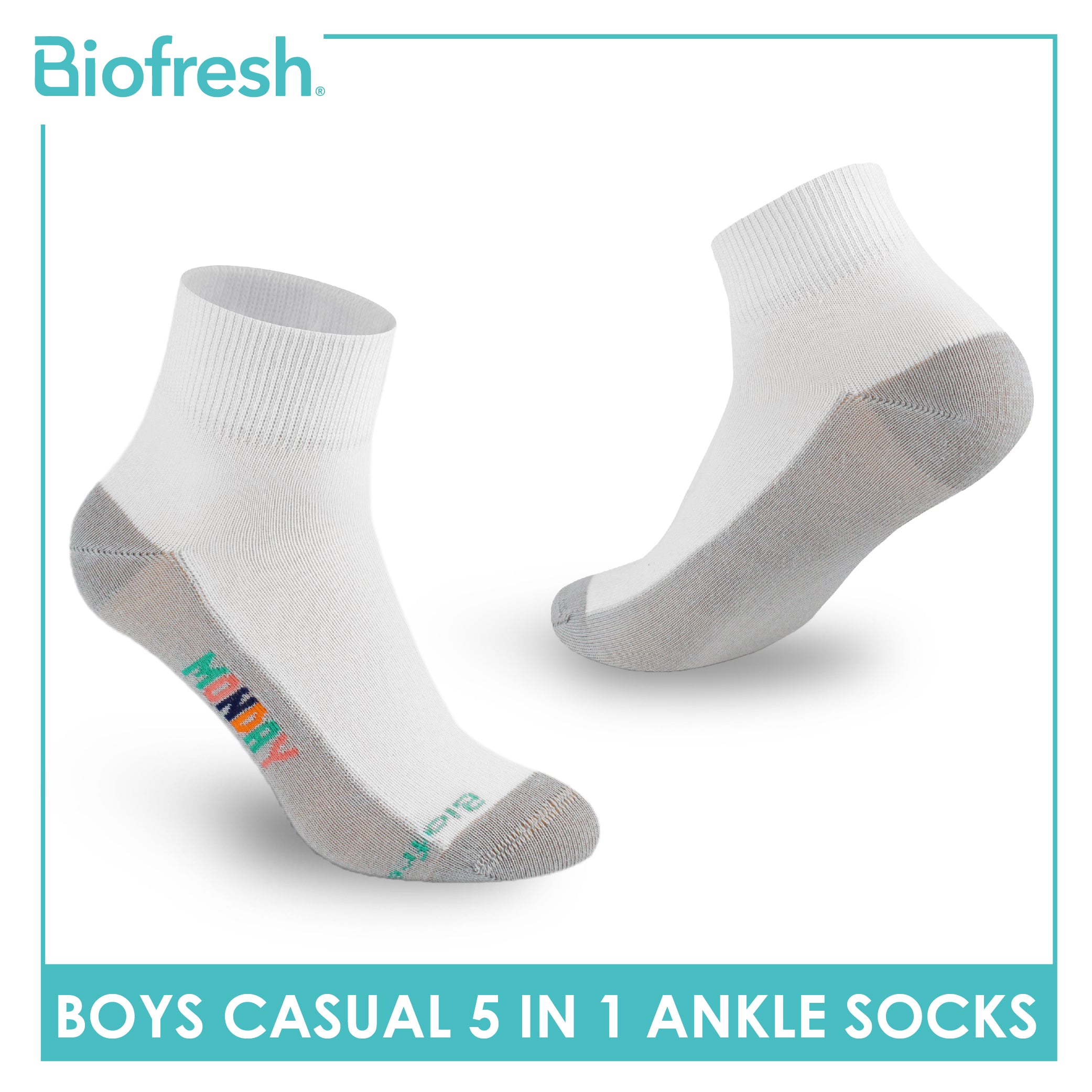 Biofresh Boys’ Antimicrobial Cotton Lite Casual Ankle Socks 5 pairs in 1 pack RBCKG1F