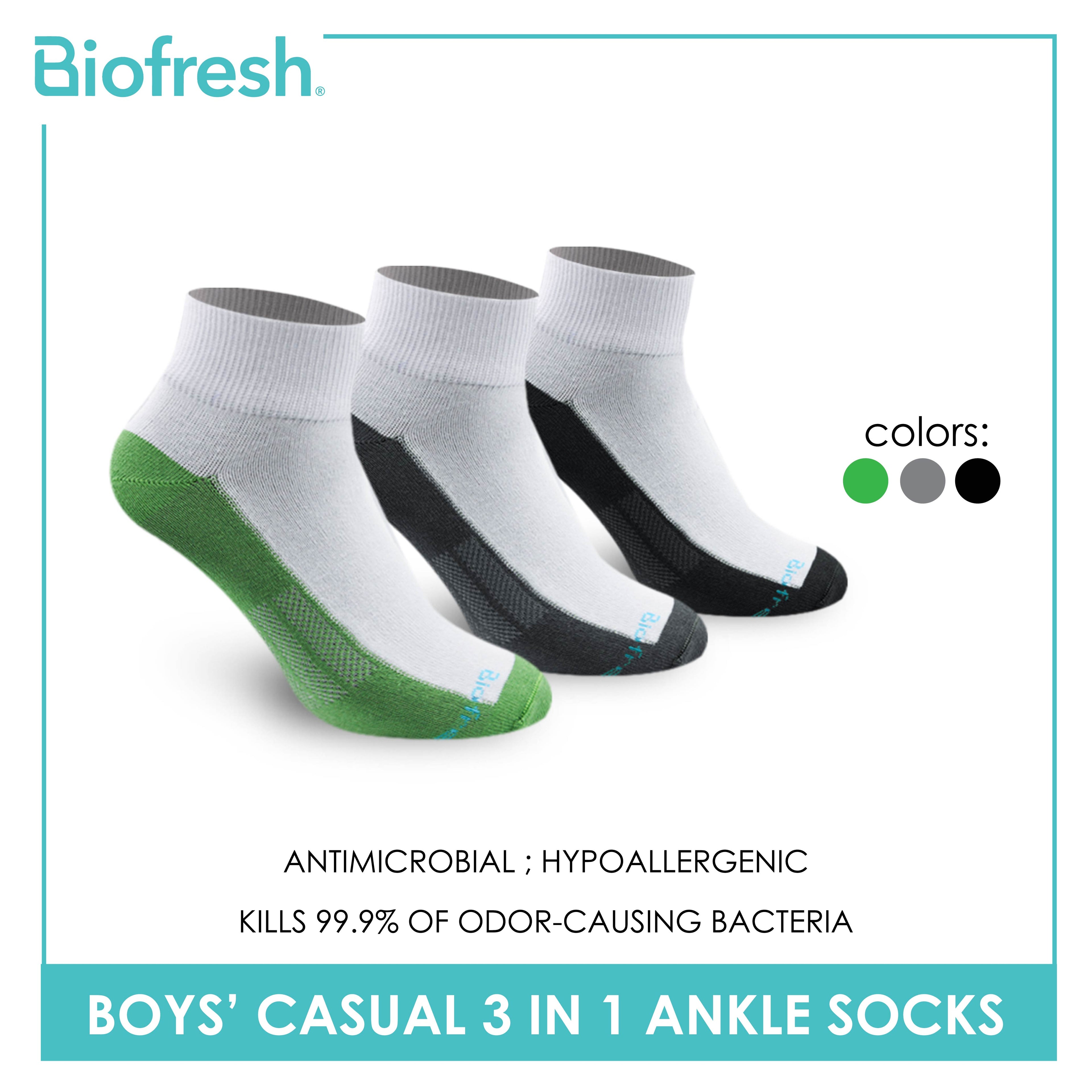 Biofresh Boys’ Antimicrobial Cotton Lite Thin Casual Ankle Socks 3 pairs in a pack RBCKG55