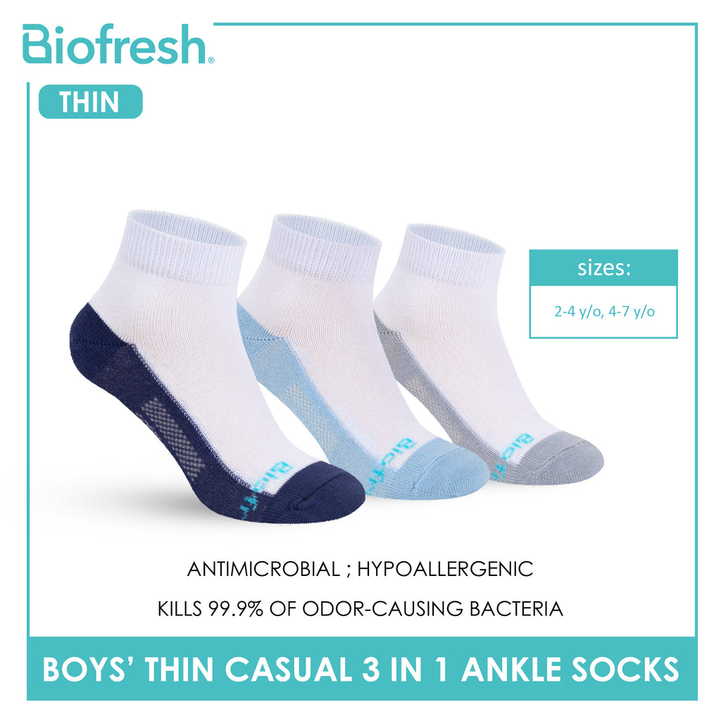 Biofresh Boys’ Antimicrobial Cotton Lite Thin Casual Ankle Socks 3 pairs in a pack RBCKG55