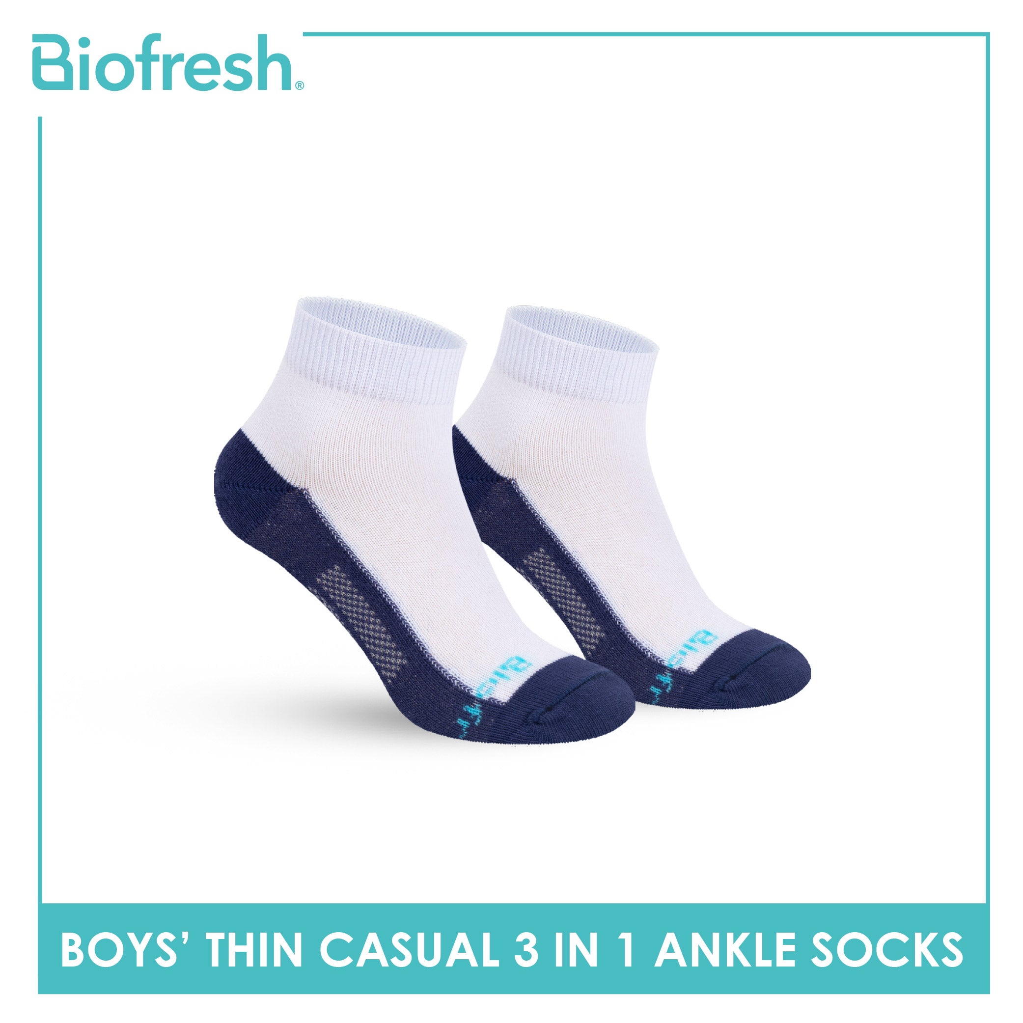 Biofresh Boys’ Antimicrobial Cotton Lite Thin Casual Ankle Socks 3 pairs in a pack RBCKG55