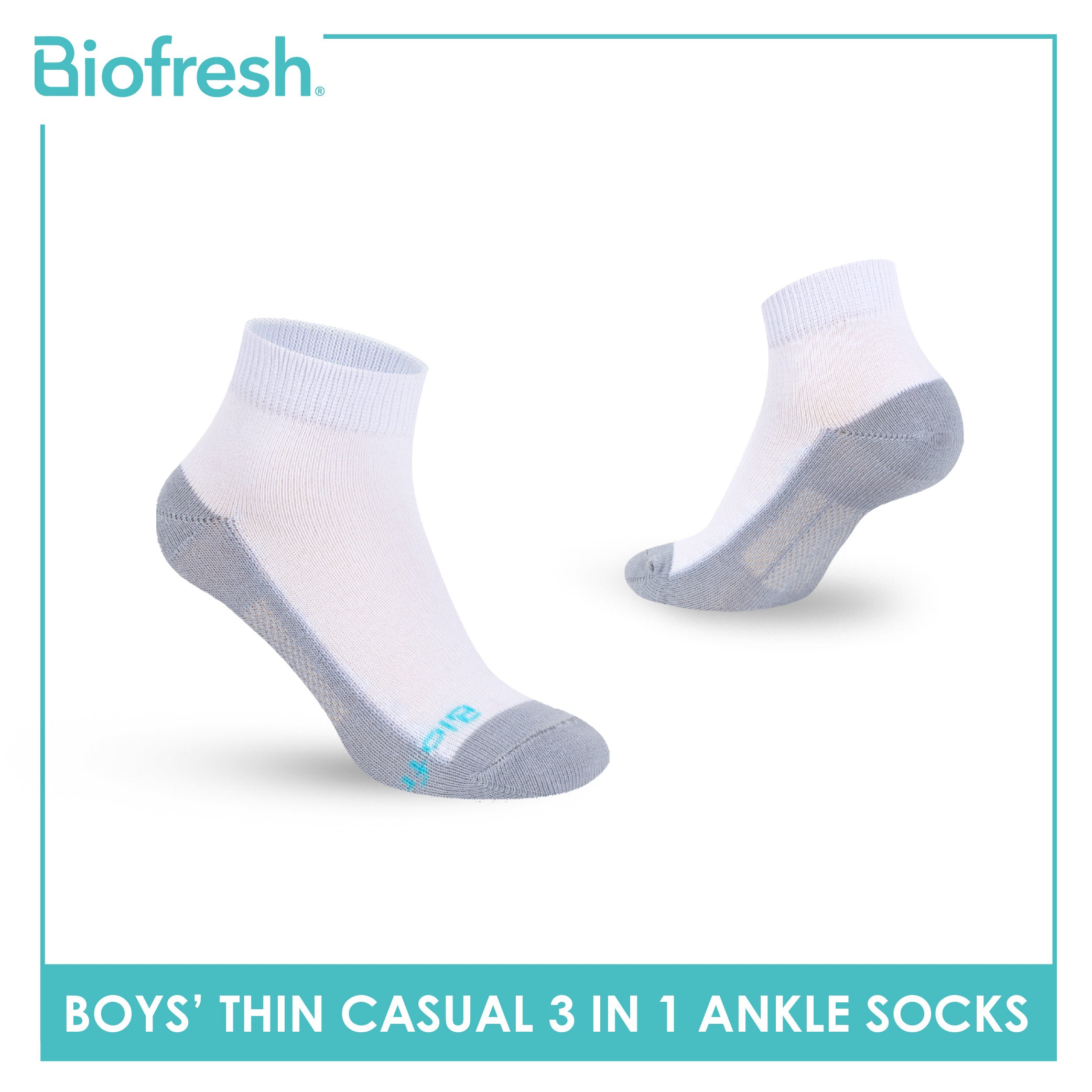 Biofresh Boys’ Antimicrobial Cotton Lite Thin Casual Ankle Socks 3 pairs in a pack RBCKG55