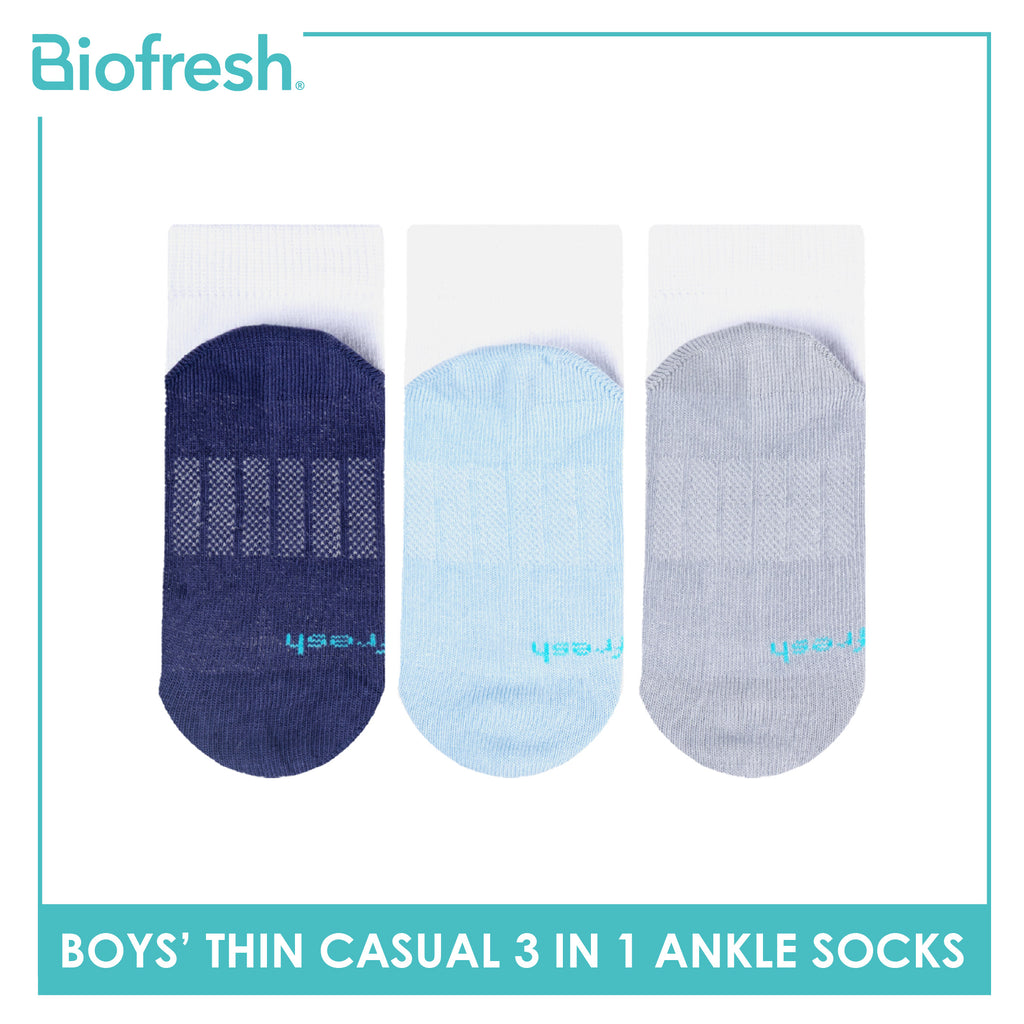 Biofresh Boys’ Antimicrobial Cotton Lite Thin Casual Ankle Socks 3 pairs in a pack RBCKG55
