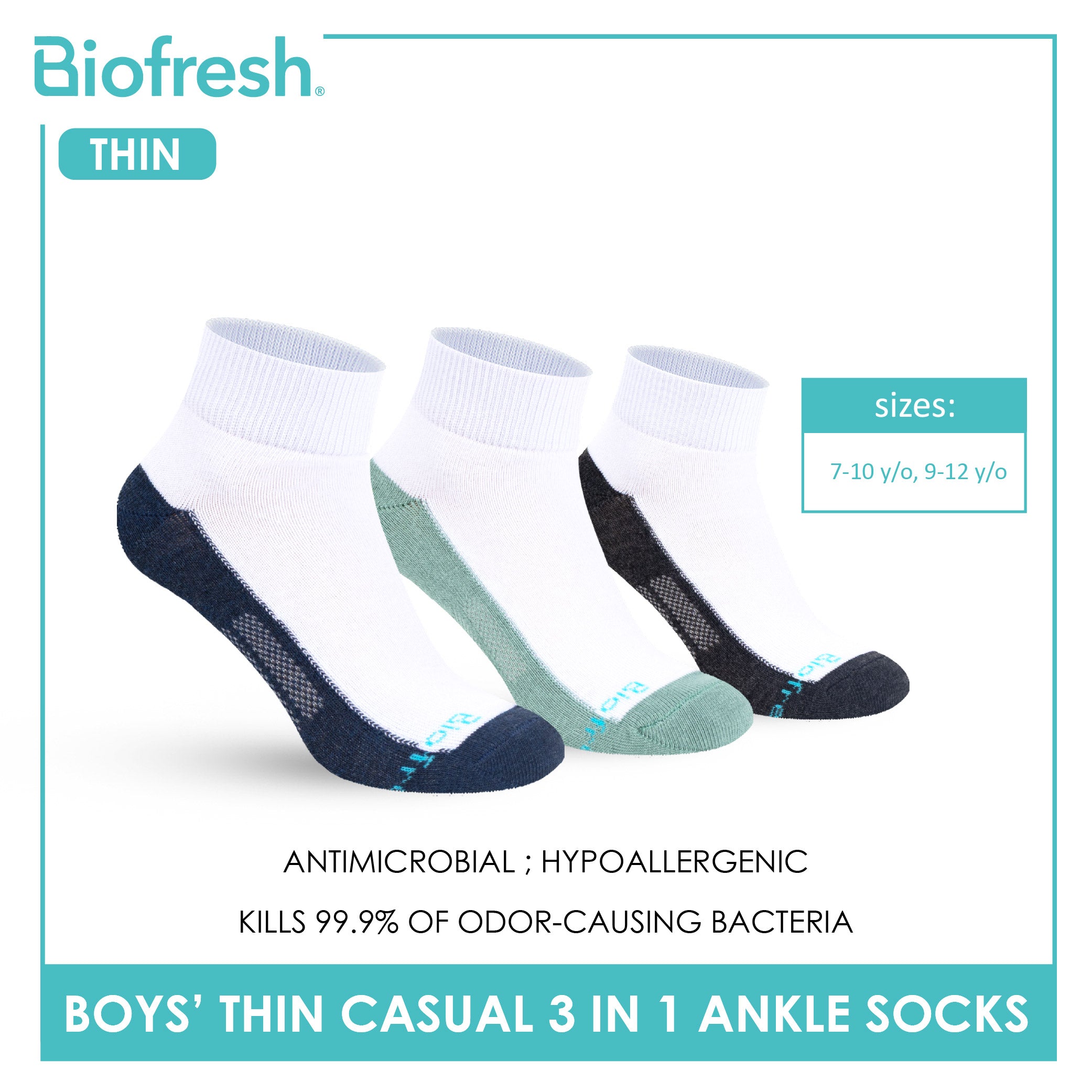 Biofresh Boys’ Antimicrobial Cotton Lite Thin Casual Ankle Socks 3 pairs in a pack RBCKG55
